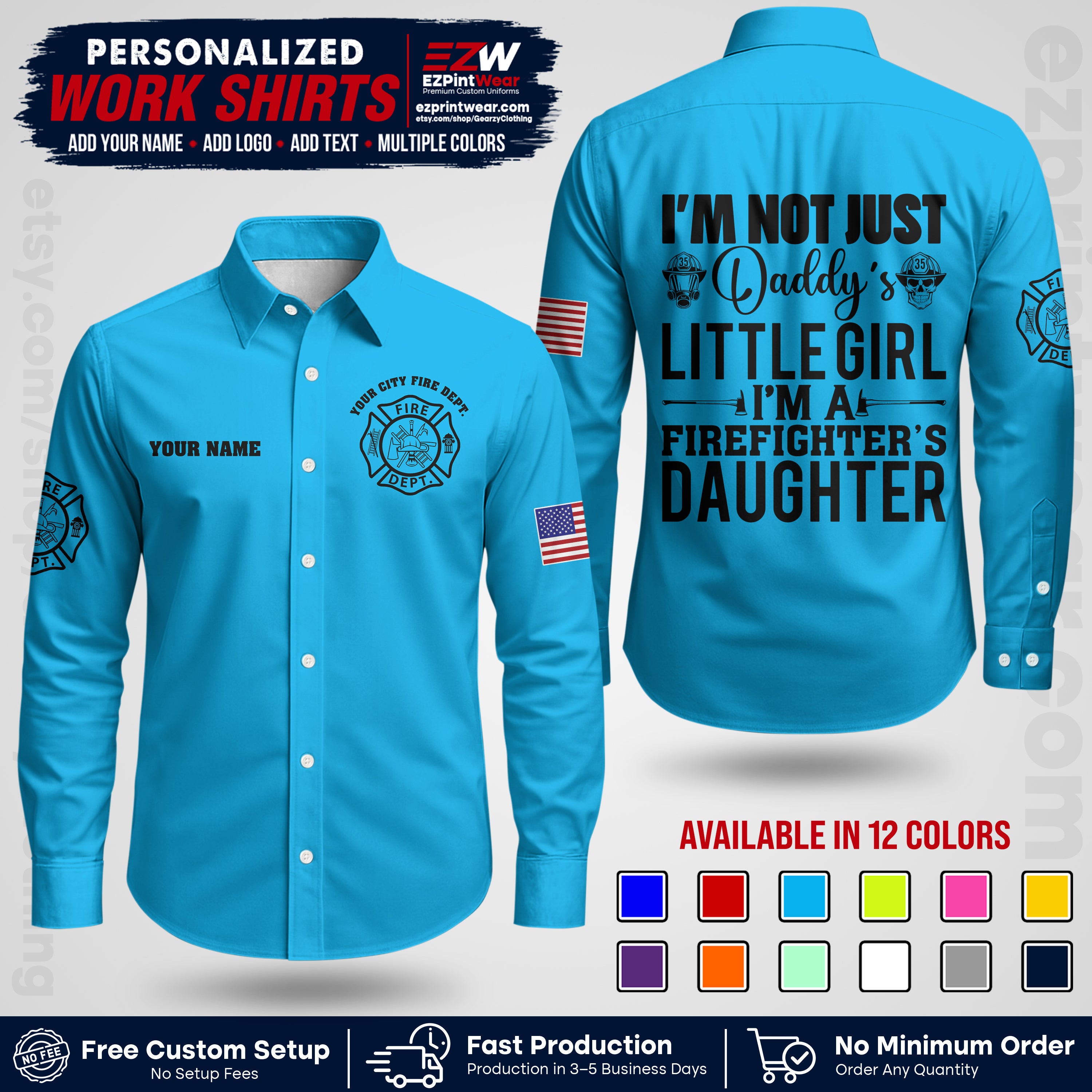 Custom Fire Department Shirt with Name, City Logo & Text | Firefighter Uniform | Button Up Work Shirt FF08