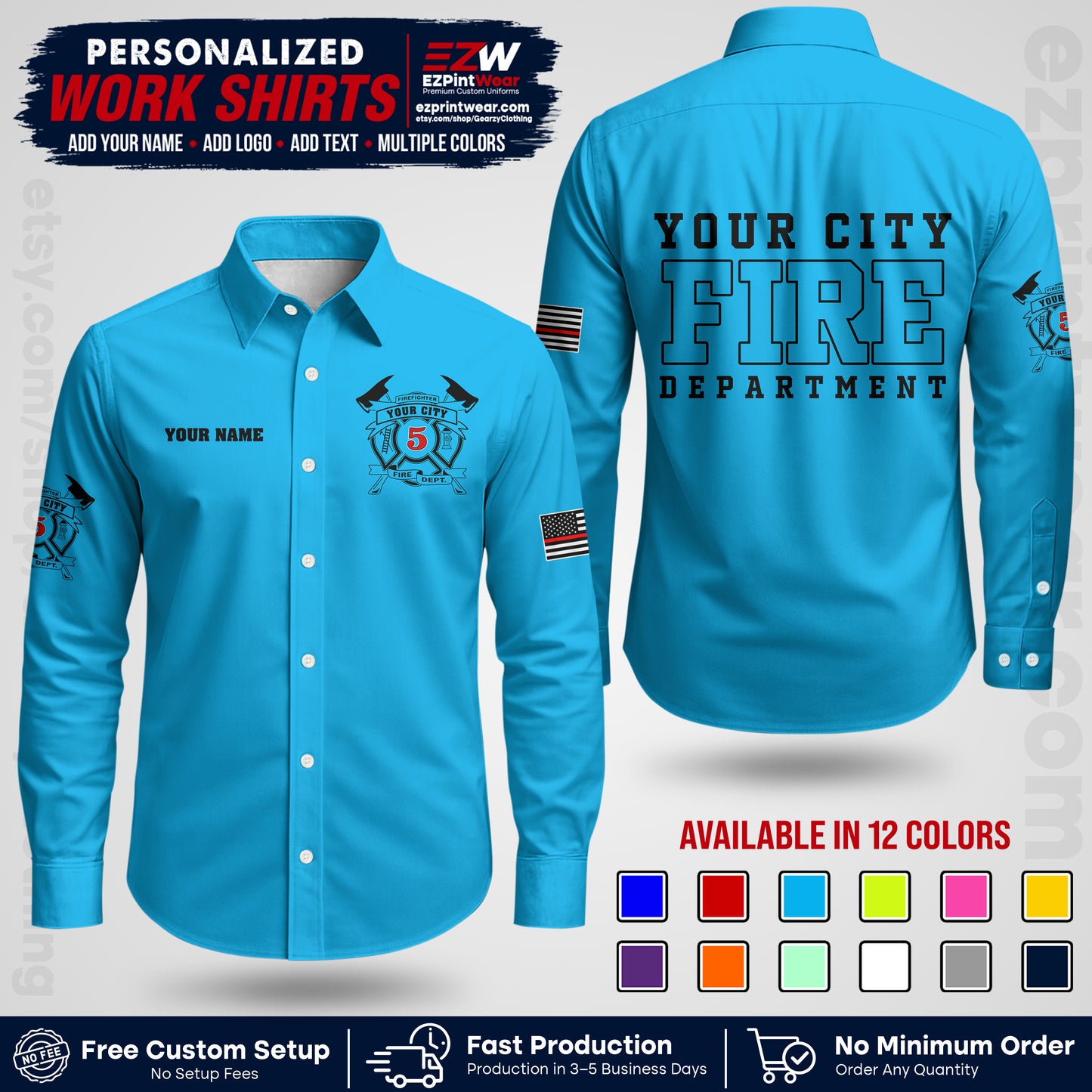 Custom Fire Department Shirt with Name, City Logo & Text | Firefighter Uniform | Button Up Work Shirt FF07