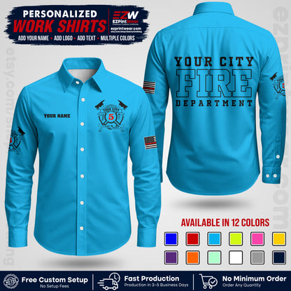 Custom Fire Department Shirt with Name, City Logo & Text | Firefighter Uniform | Button Up Work Shirt FF07