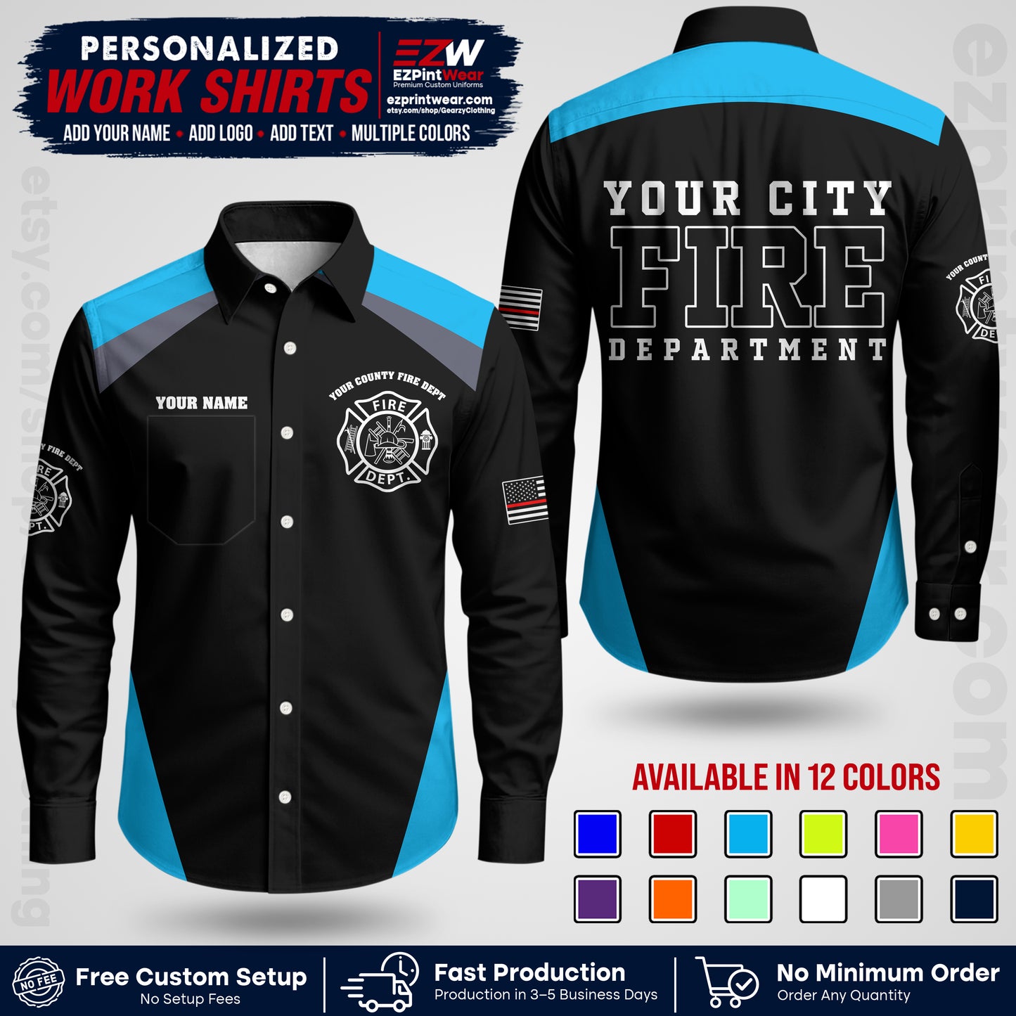 Custom Fire Department Shirt with Name, City Logo & Text | Firefighter Uniform | Button Up Work Shirt FF04