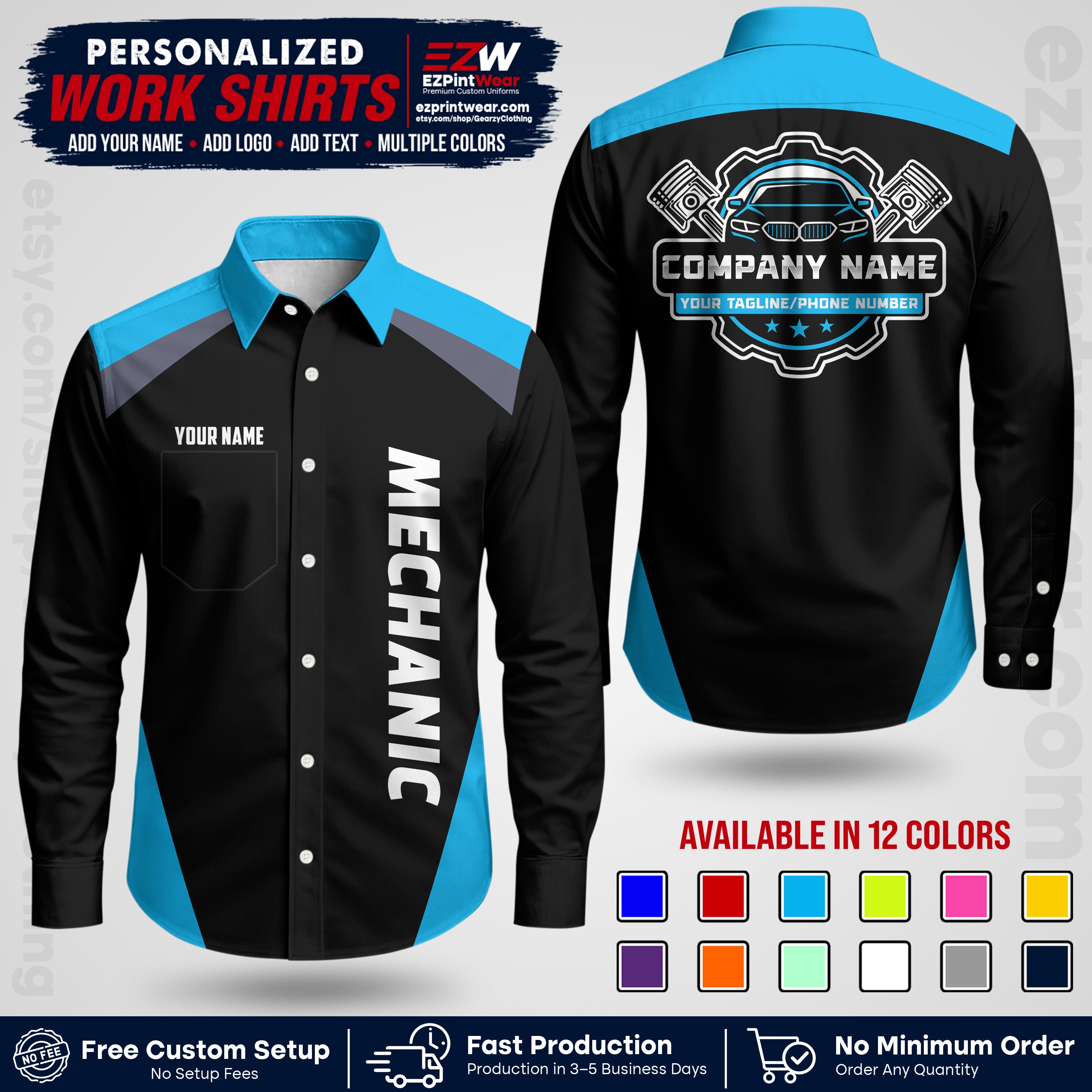 Custom Mechanic Work Shirt with Name, Logo & Text | Auto Shop Uniform | Workwear MCN 02