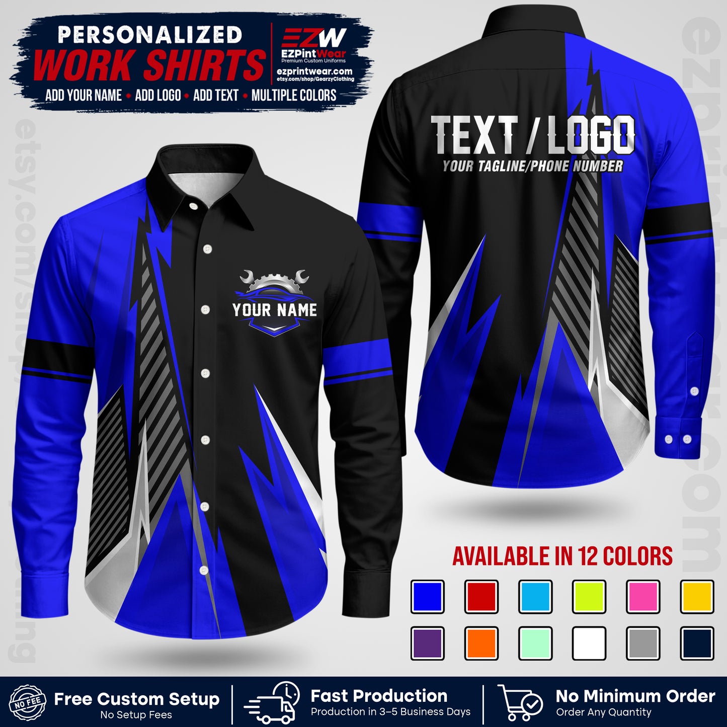 Custom Mechanic Work Shirt with Name, Logo & Text | Auto Shop Uniform | Workwear MCN 01