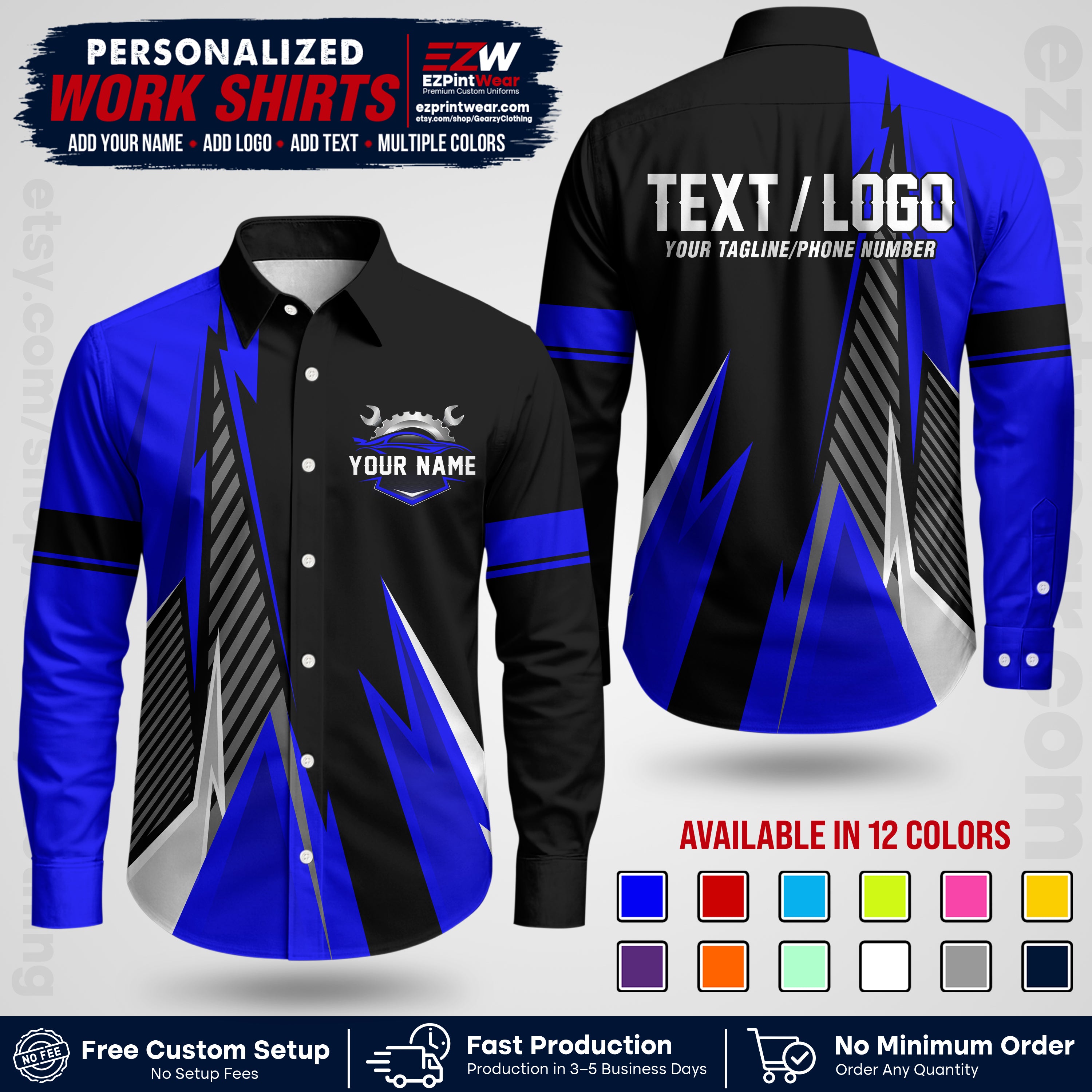 Custom Mechanic Work Shirt with Name, Logo & Text | Auto Shop Uniform | Workwear MCN 01