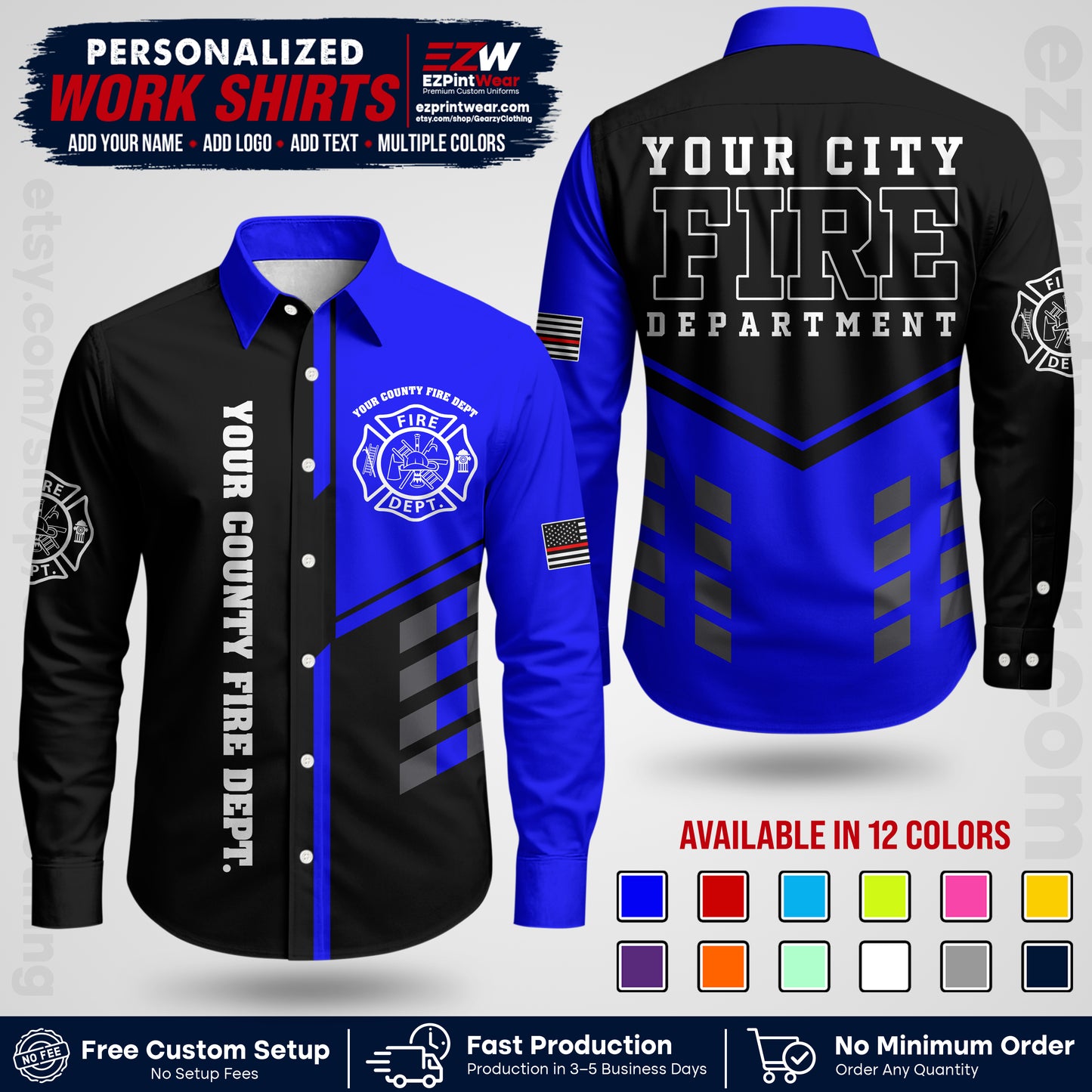 Custom Fire Department Shirt with Name, City Logo & Text | Firefighter Uniform | Button Up Work Shirt FF03