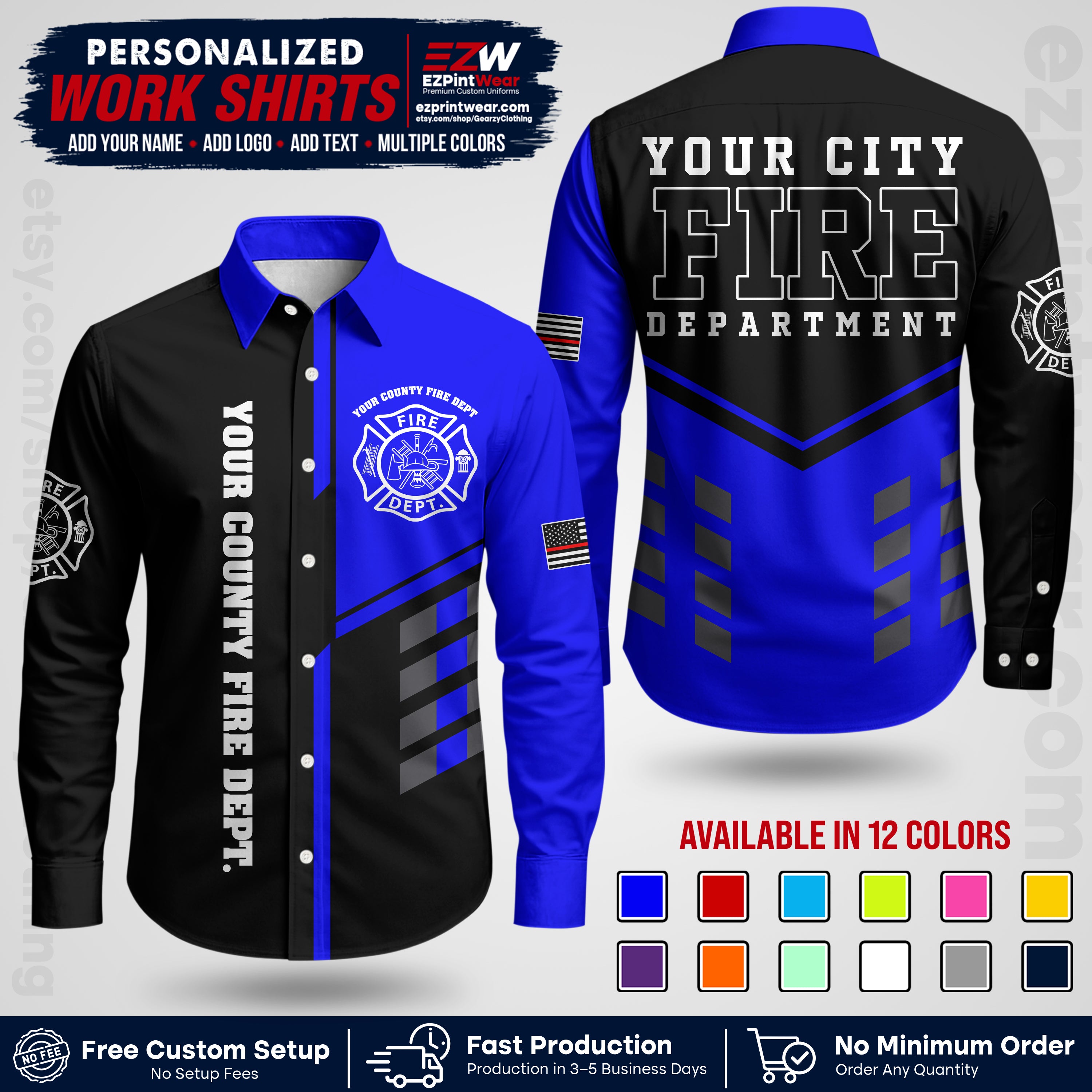Custom Fire Department Shirt with Name, City Logo & Text | Firefighter Uniform | Button Up Work Shirt FF03