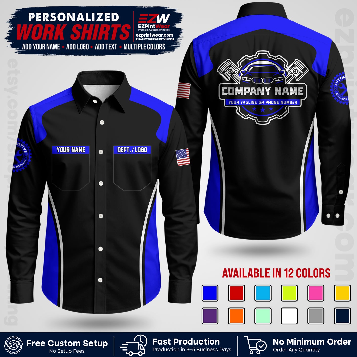 Custom Mechanic Work Shirt with Name, Logo & Text | Auto Shop Uniform | Workwear MCN 10