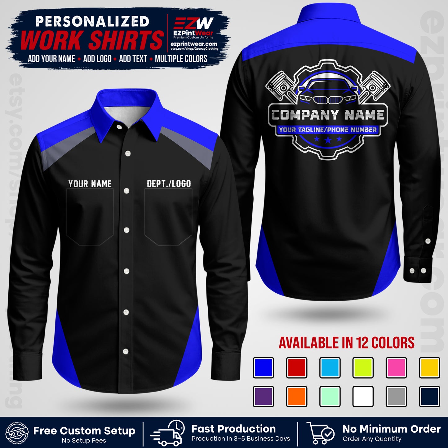 Custom Mechanic Work Shirt with Name, Logo & Text | Auto Shop Uniform | Workwear MCN 03