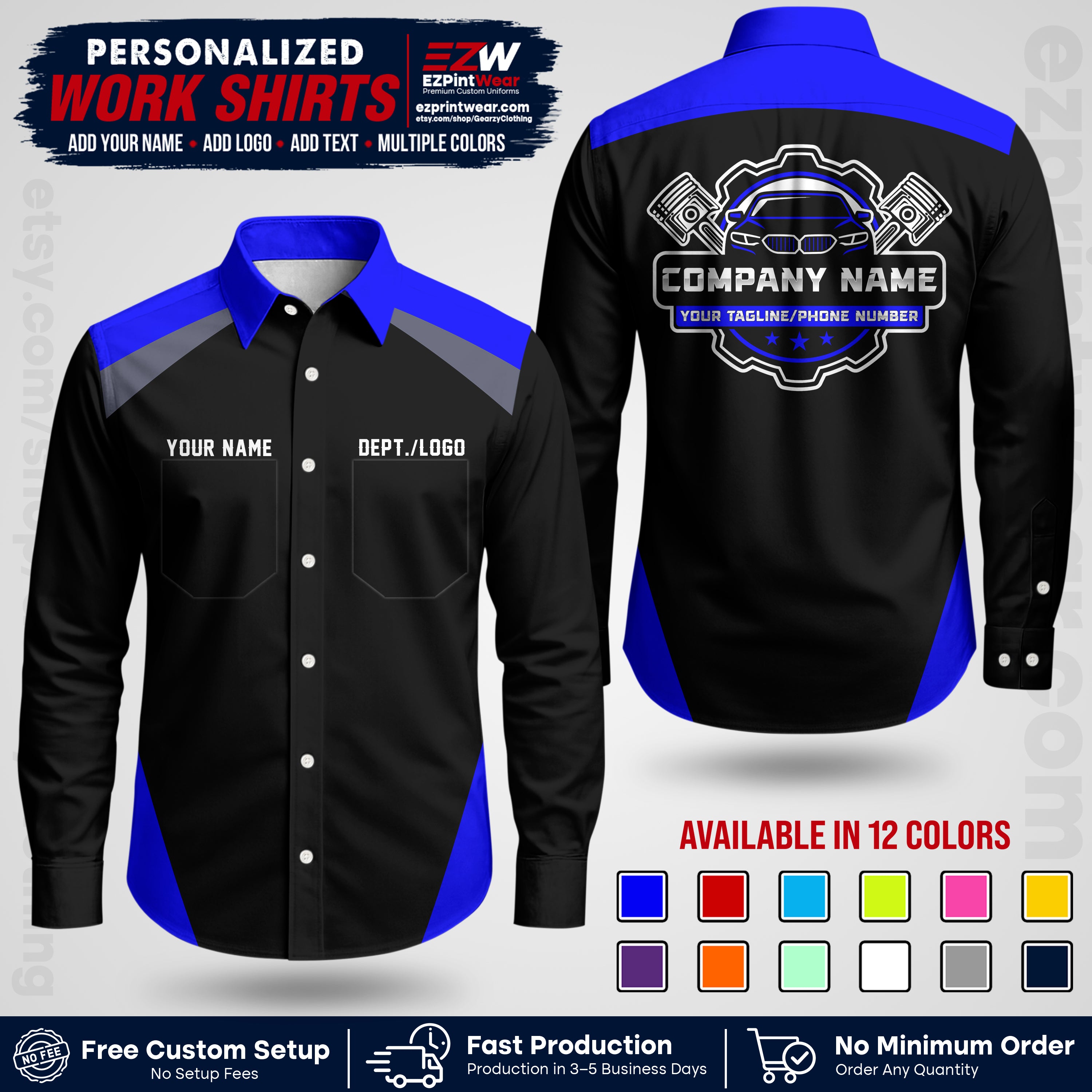 Custom Mechanic Work Shirt with Name, Logo & Text | Auto Shop Uniform | Workwear MCN 03