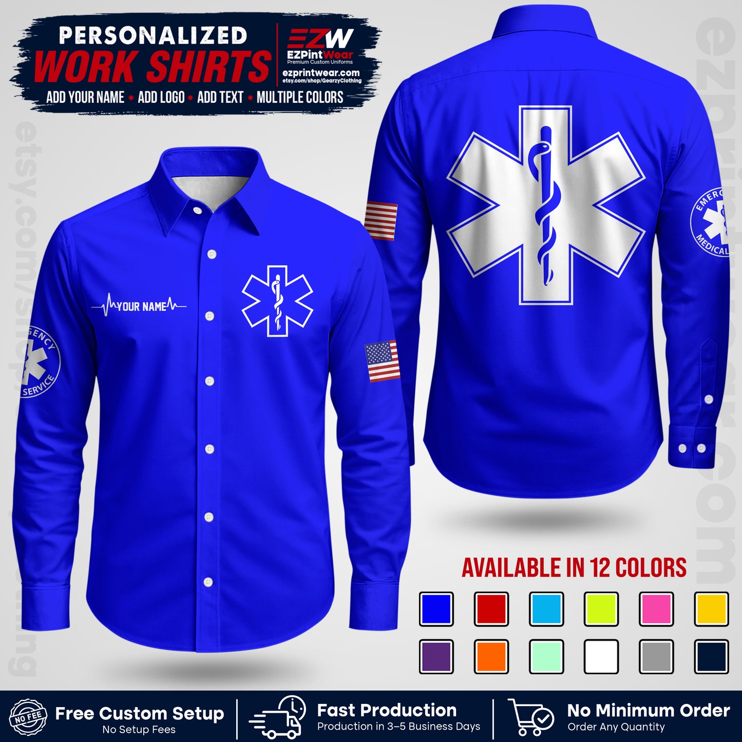 Custom EMS Shirt with Name, Logo & Text | EMS Team Uniform | First Responder Workwear EMSU04