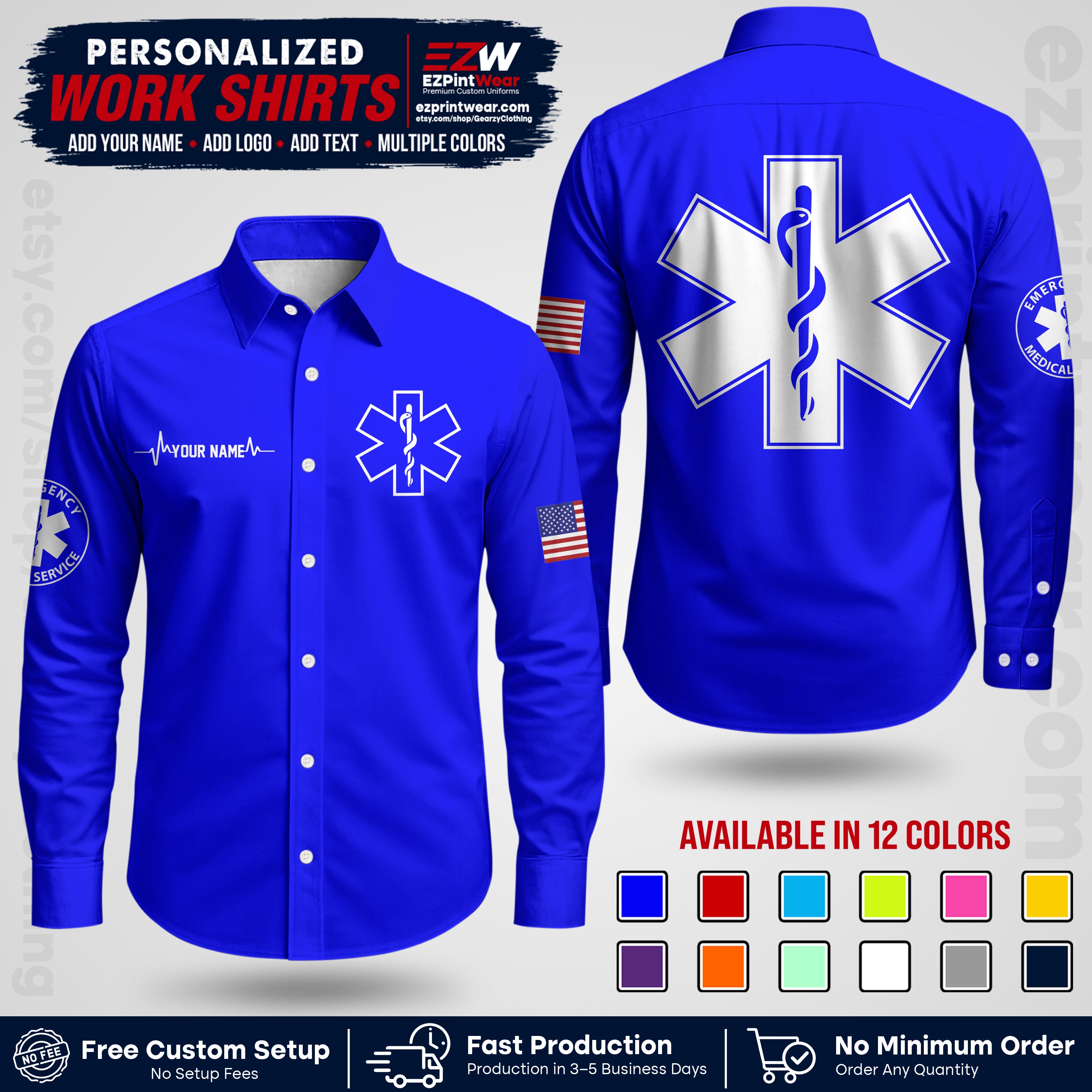 Custom EMS Shirt with Name, Logo & Text | EMS Team Uniform | First Responder Workwear EMSU04