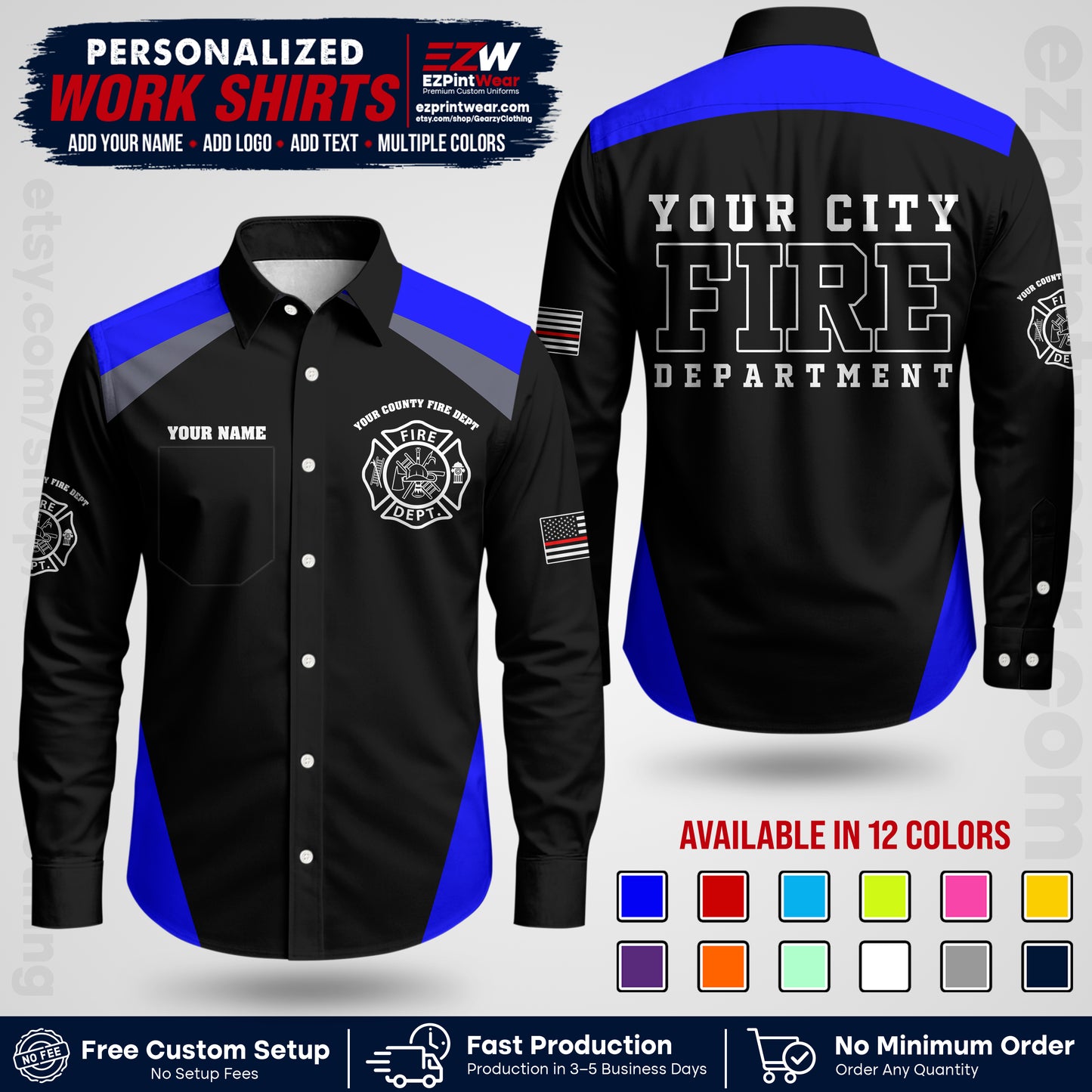 Custom Fire Department Shirt with Name, City Logo & Text | Firefighter Uniform | Button Up Work Shirt FF04