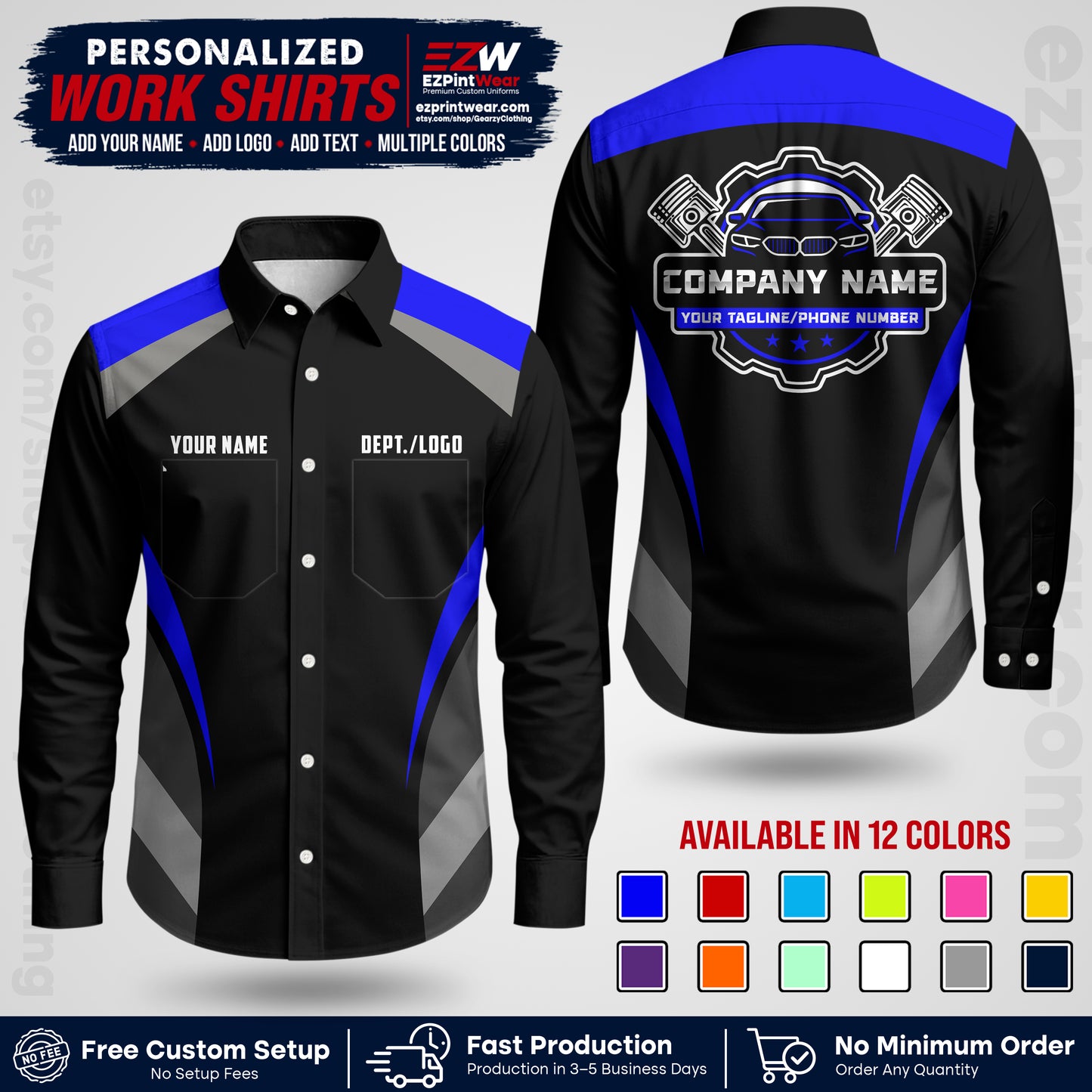 Custom Mechanic Work Shirt with Name, Logo & Text | Auto Shop Uniform | Workwear MCN 05