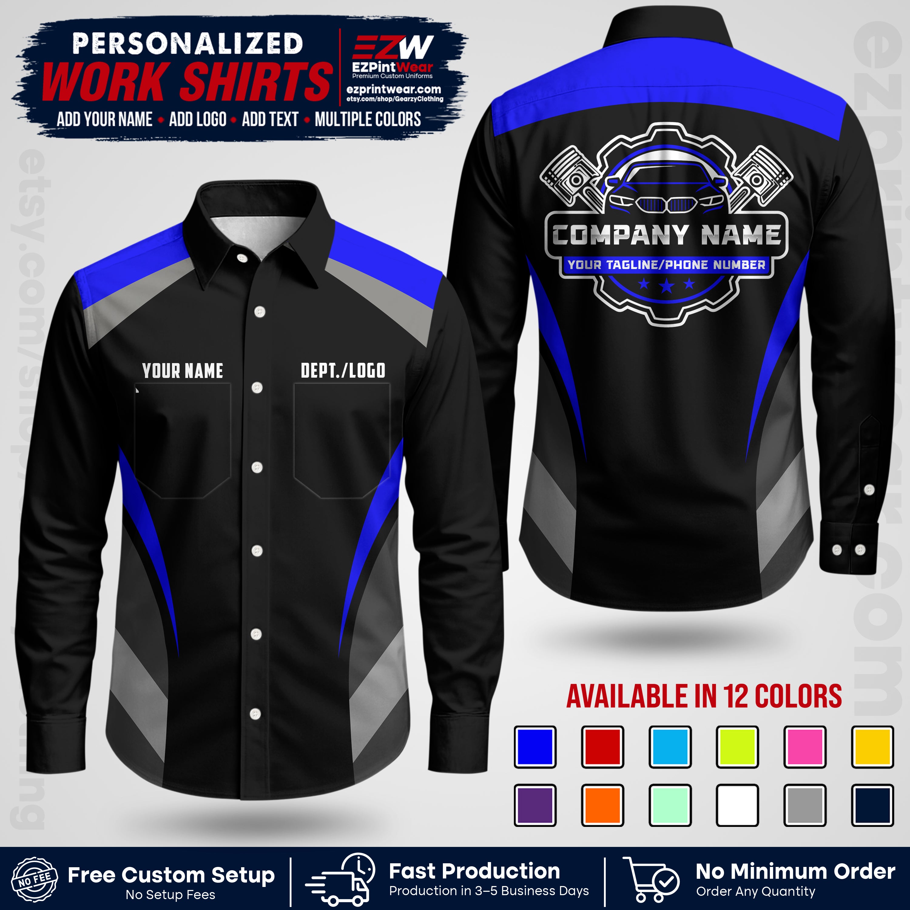 Custom Mechanic Work Shirt with Name, Logo & Text | Auto Shop Uniform | Workwear MCN 05