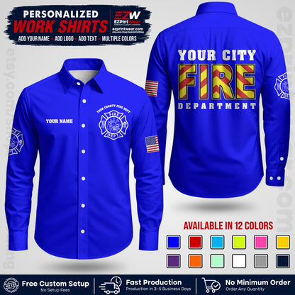 Custom Fire Department Shirt with Name, City Logo & Text | Firefighter Uniform | Button Up Work Shirt FF05