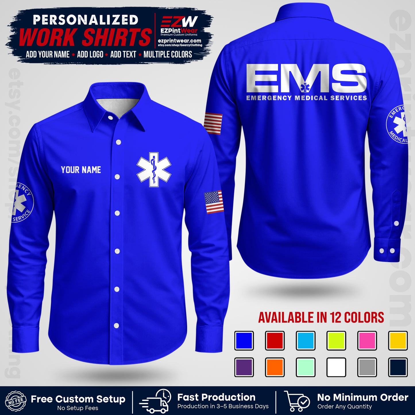 Custom EMS Shirt with Name, Logo & Text | EMS Team Uniform | First Responder Workwear EMSU01