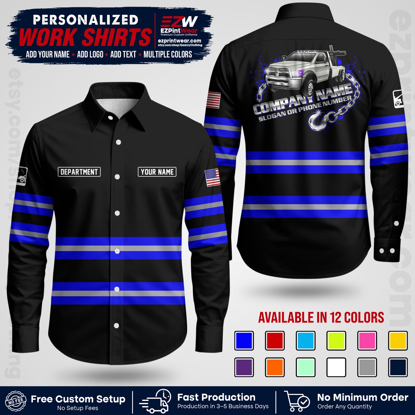 Custom Towing Workwear Uniform | Personalized Tow Truck Shirt | Non-Reflective Safety Stripe Apparel | Custom Towing Shirt | Tow Truck Apparel TW05