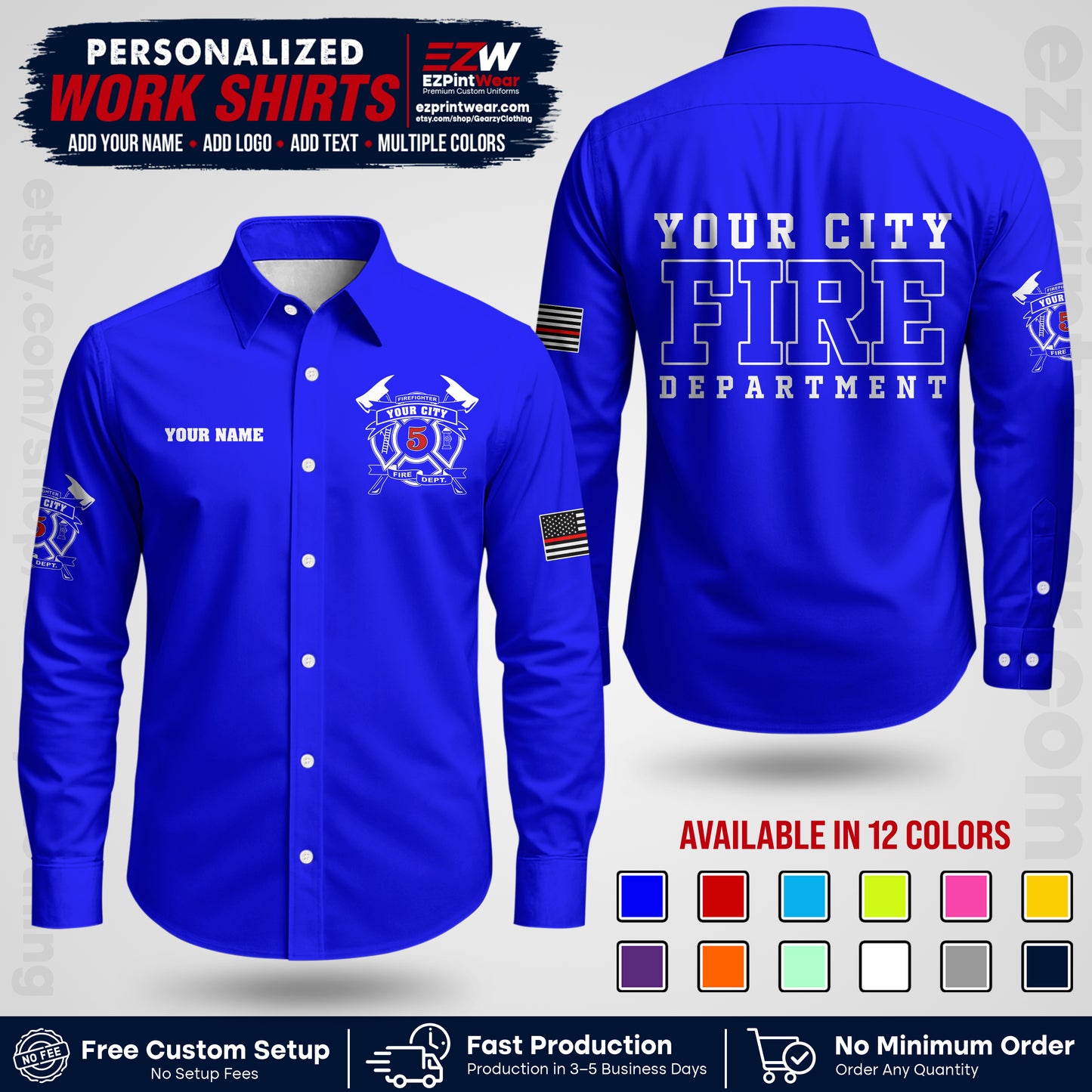 Custom Fire Department Shirt with Name, City Logo & Text | Firefighter Uniform | Button Up Work Shirt FF07