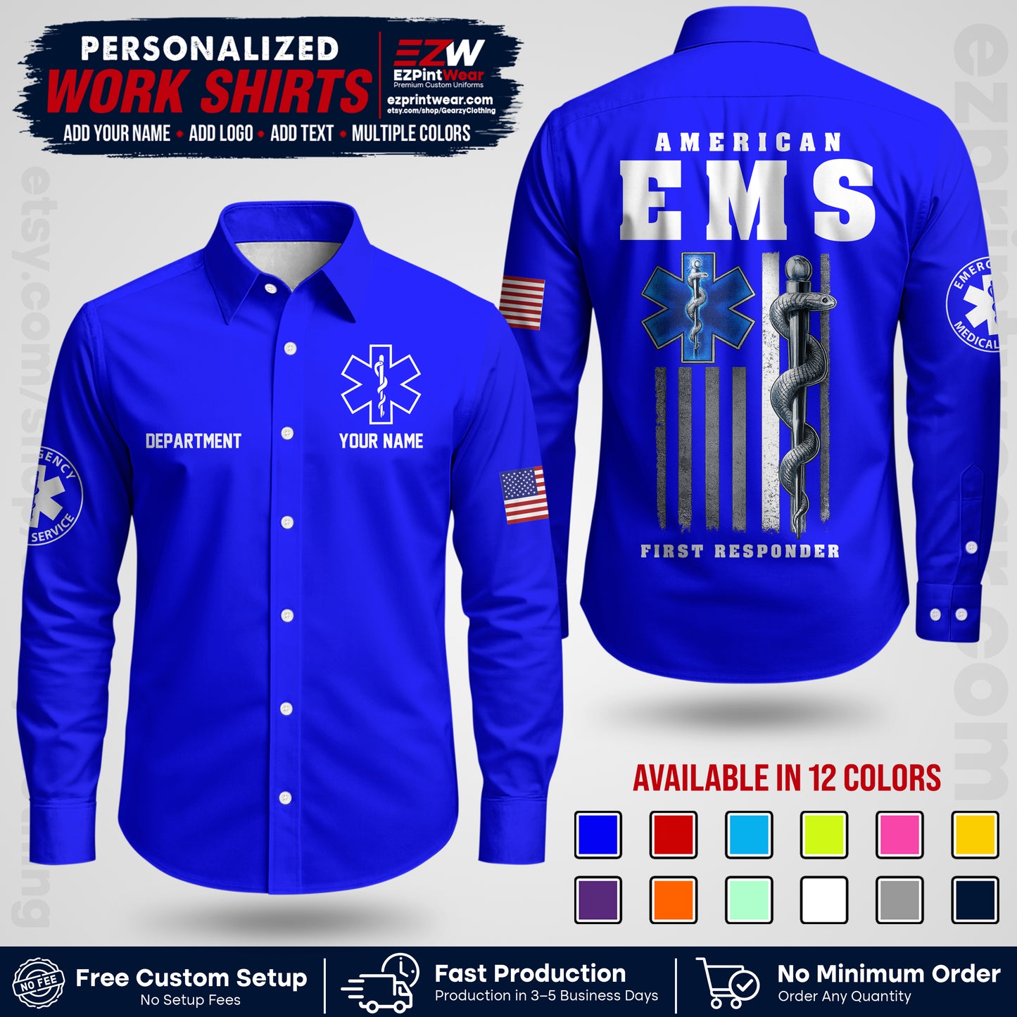 Custom EMS Shirt with Name, Logo & Text | EMS Team Uniform | First Responder Workwear EMSU03