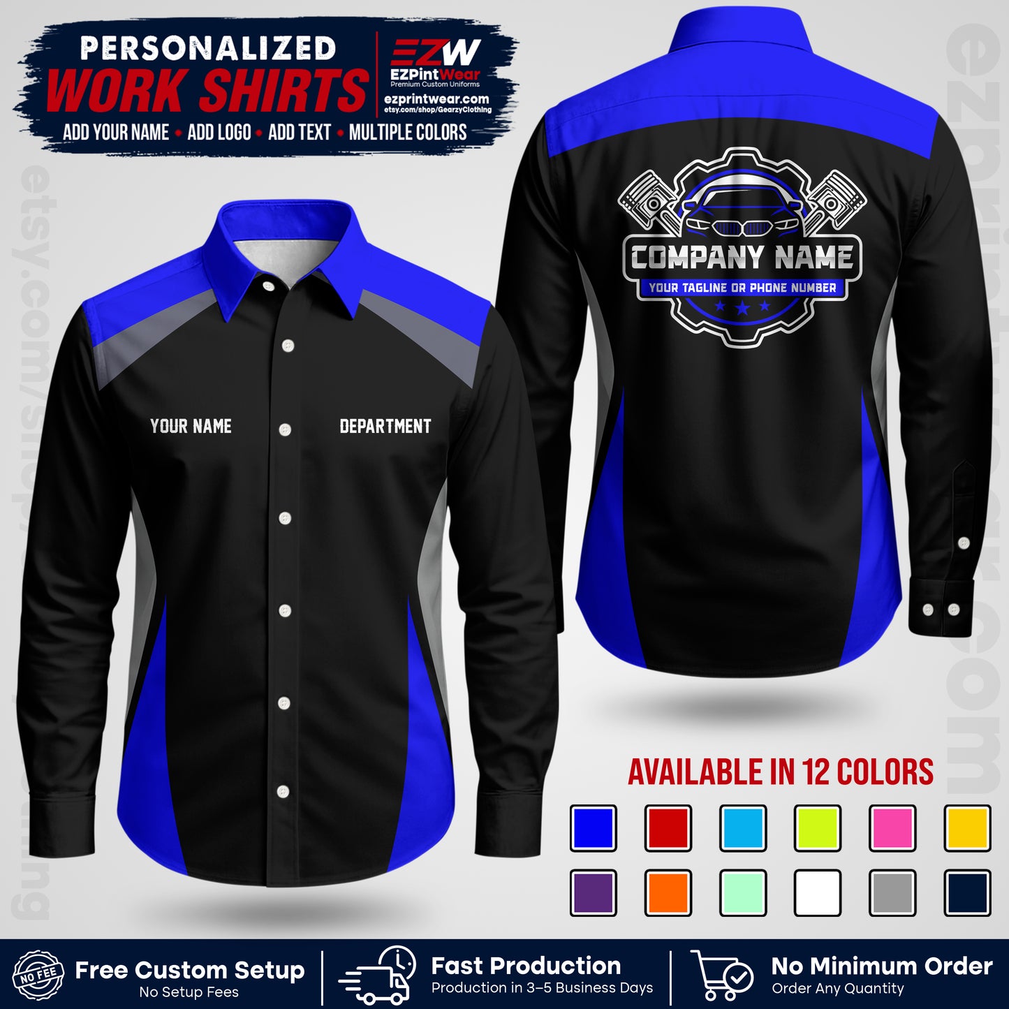 Custom Mechanic Work Shirt with Name, Logo & Text | Auto Shop Uniform | Workwear MCN 08