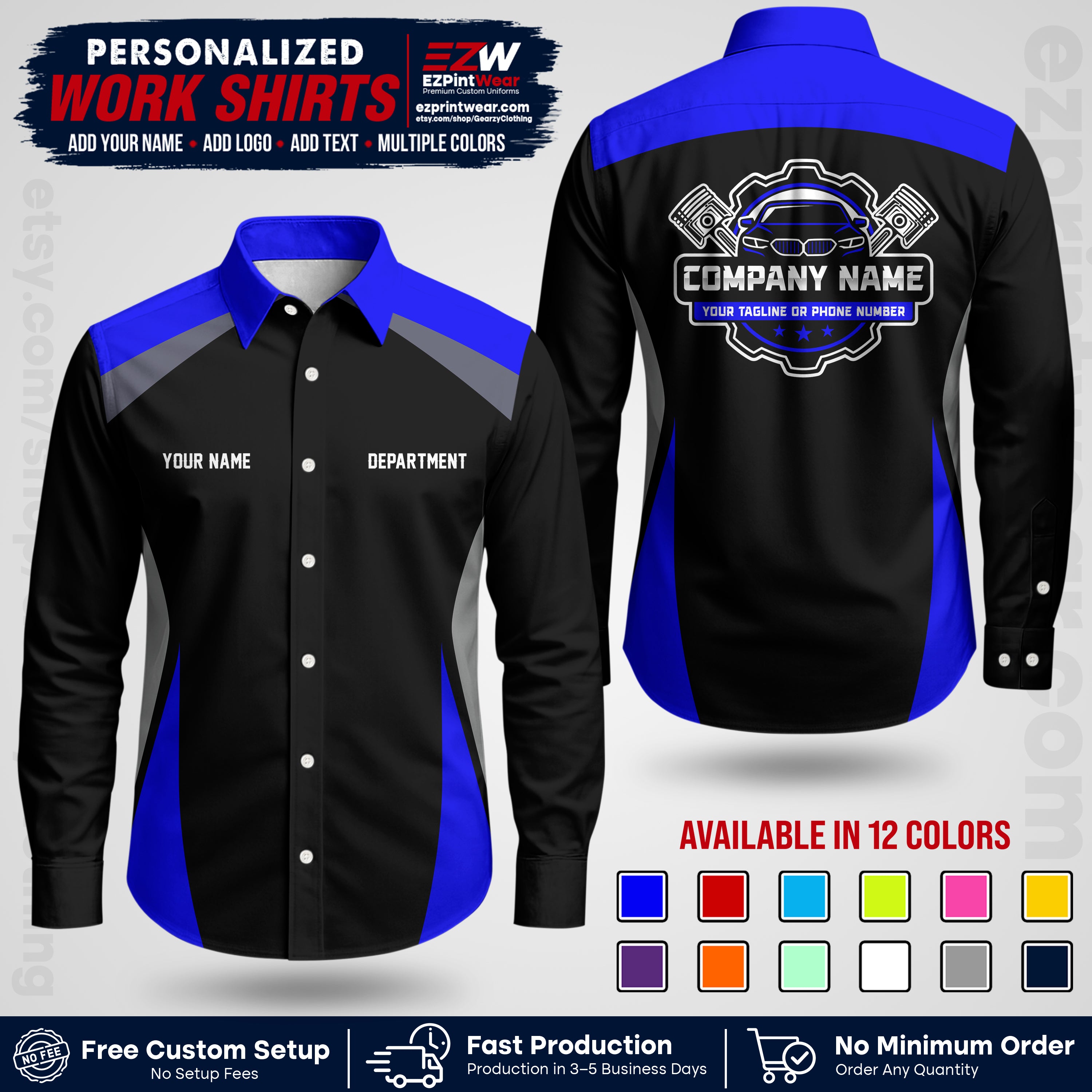Custom Mechanic Work Shirt with Name, Logo & Text | Auto Shop Uniform | Workwear MCN 08