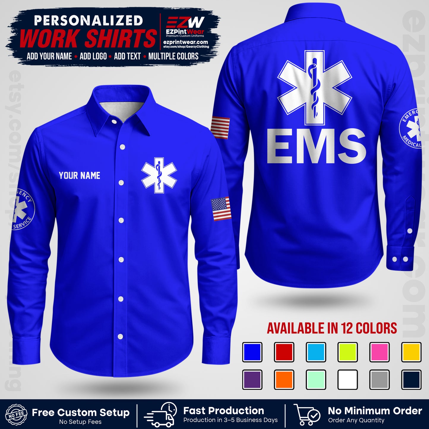 Custom EMS Shirt with Name, Logo & Text | EMS Team Uniform | First Responder Workwear EMSU02