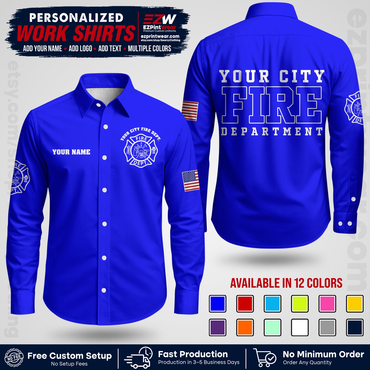 Custom Fire Department Shirt with Name, City Logo & Text | Firefighter Uniform | Button Up Work Shirt FF01