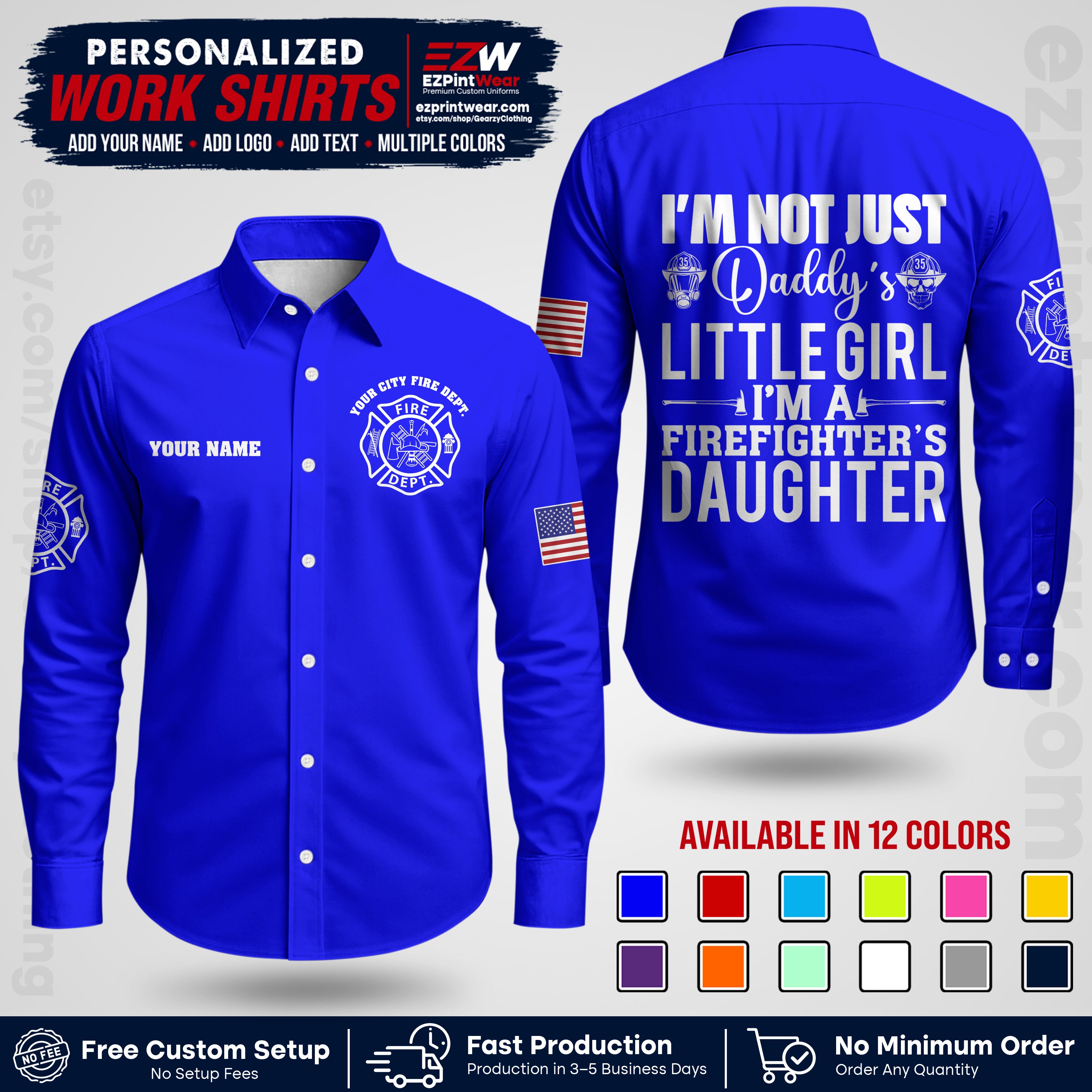 Custom Fire Department Shirt with Name, City Logo & Text | Firefighter Uniform | Button Up Work Shirt FF08