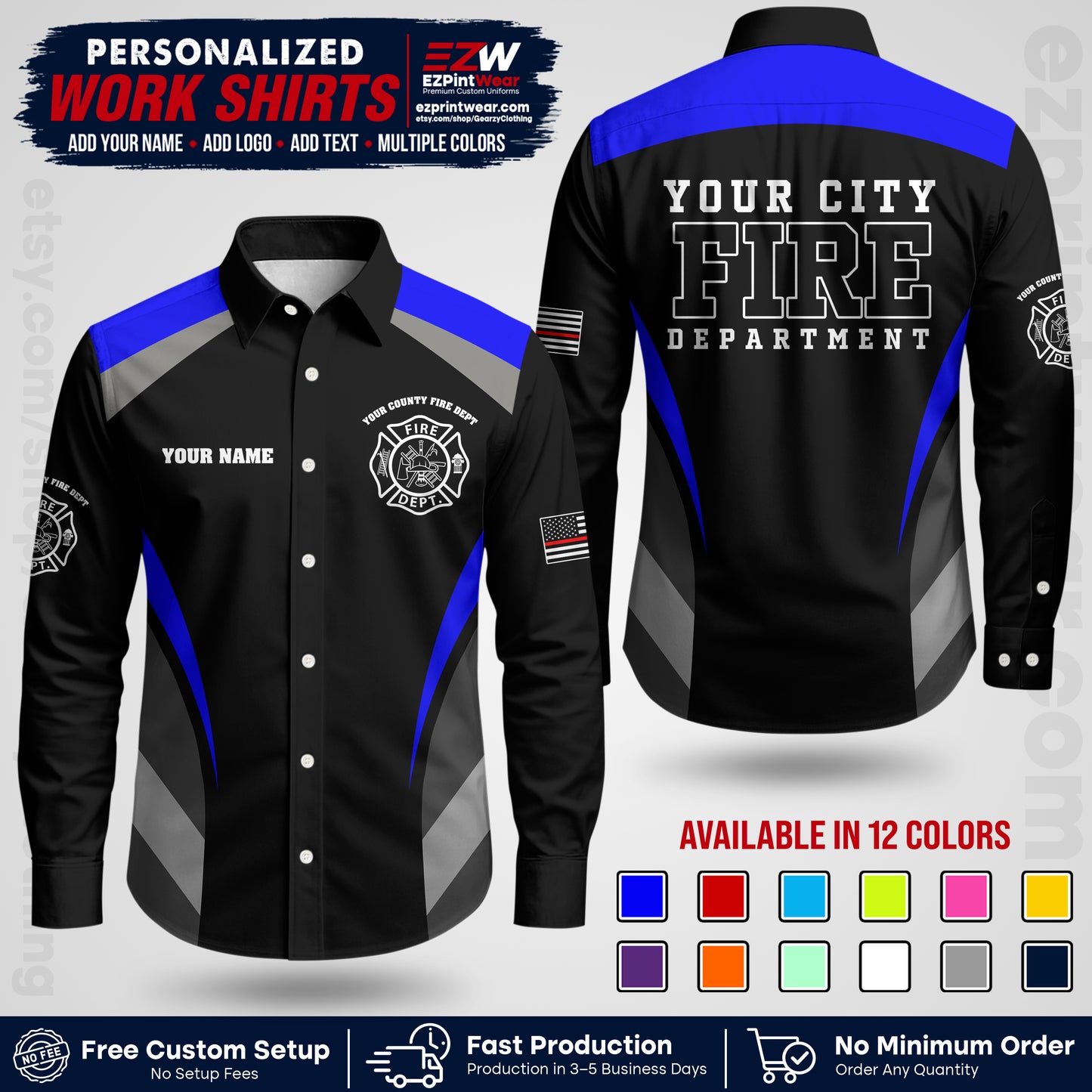 Custom Fire Department Shirt with Name, City Logo & Text | Firefighter Uniform | Button Up Work Shirt FF02