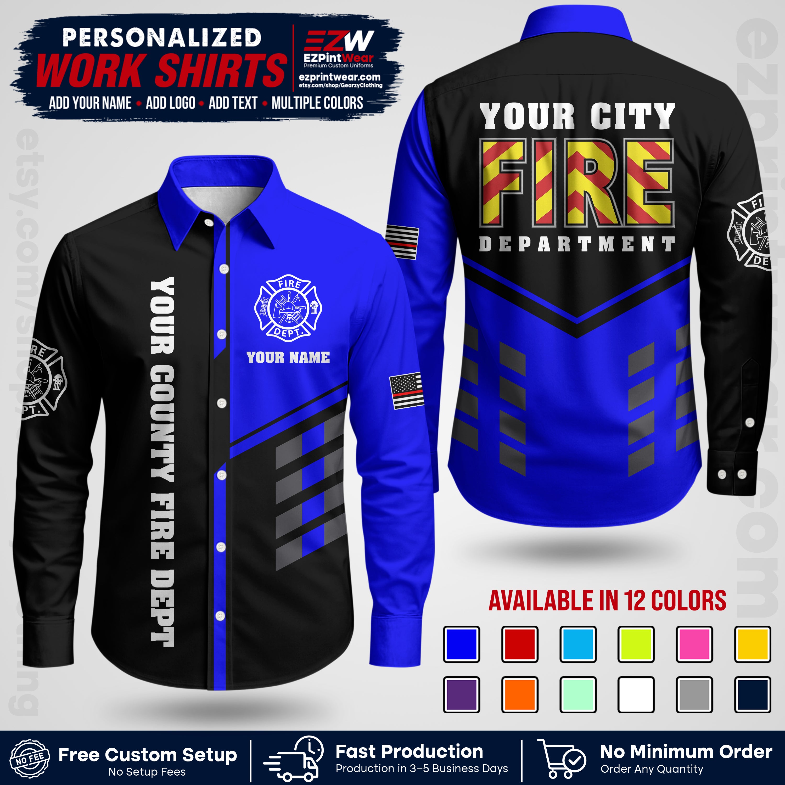 Custom Fire Department Shirt with Name, City Logo & Text | Firefighter Uniform | Button Up Work Shirt FF06
