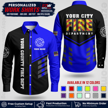 Custom Fire Department Shirt with Name, City Logo & Text | Firefighter Uniform | Button Up Work Shirt FF06