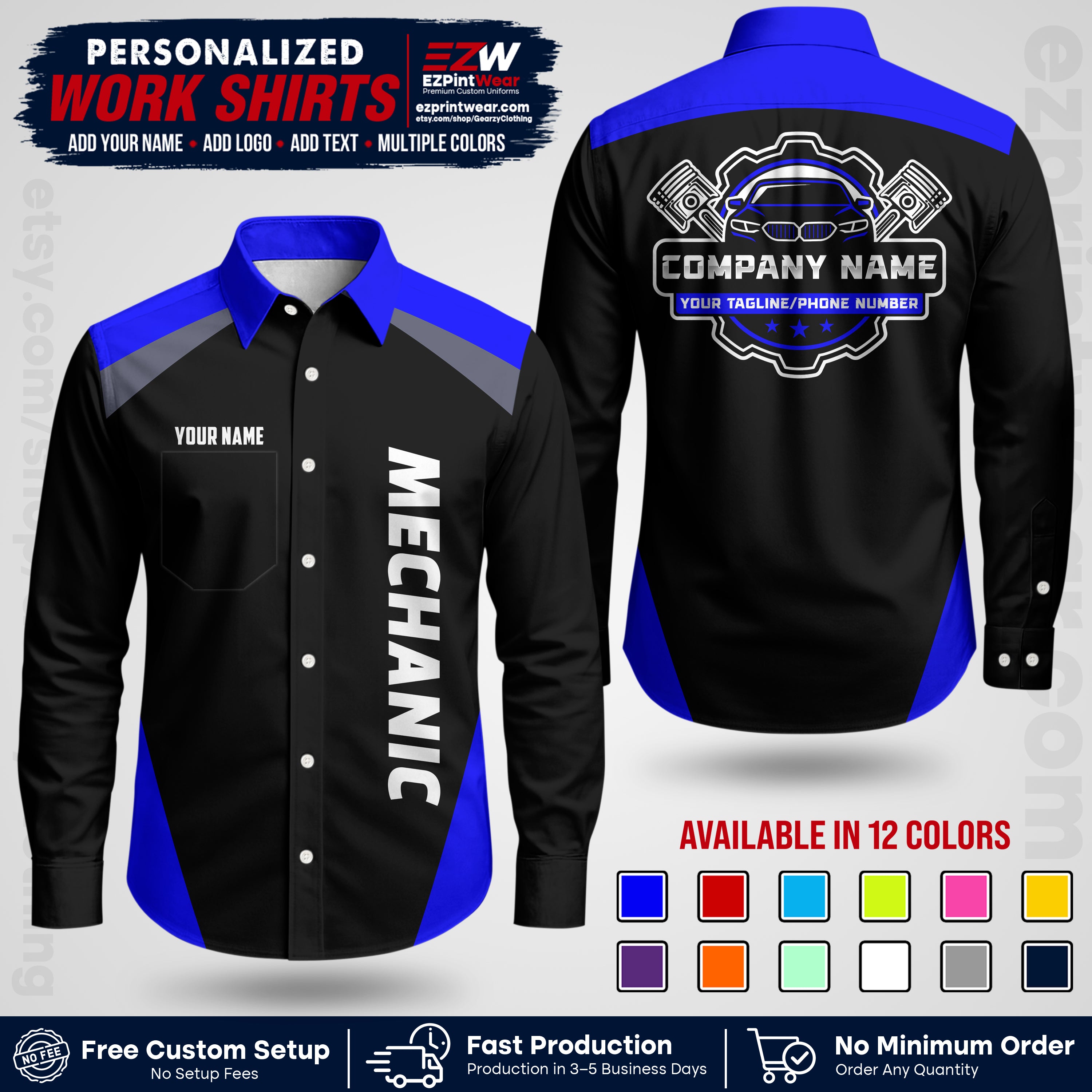 Custom Mechanic Work Shirt with Name, Logo & Text | Auto Shop Uniform | Workwear MCN 02