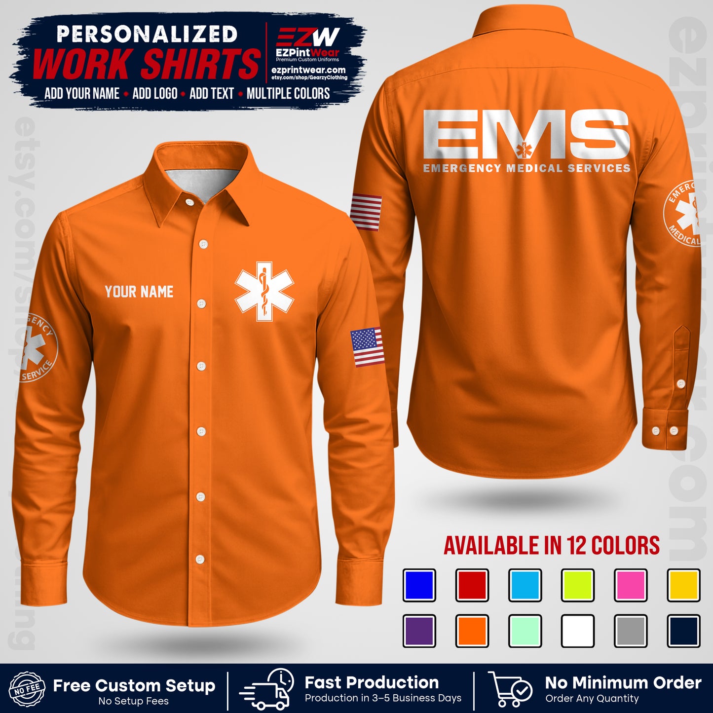 Custom EMS Shirt with Name, Logo & Text | EMS Team Uniform | First Responder Workwear EMSU01