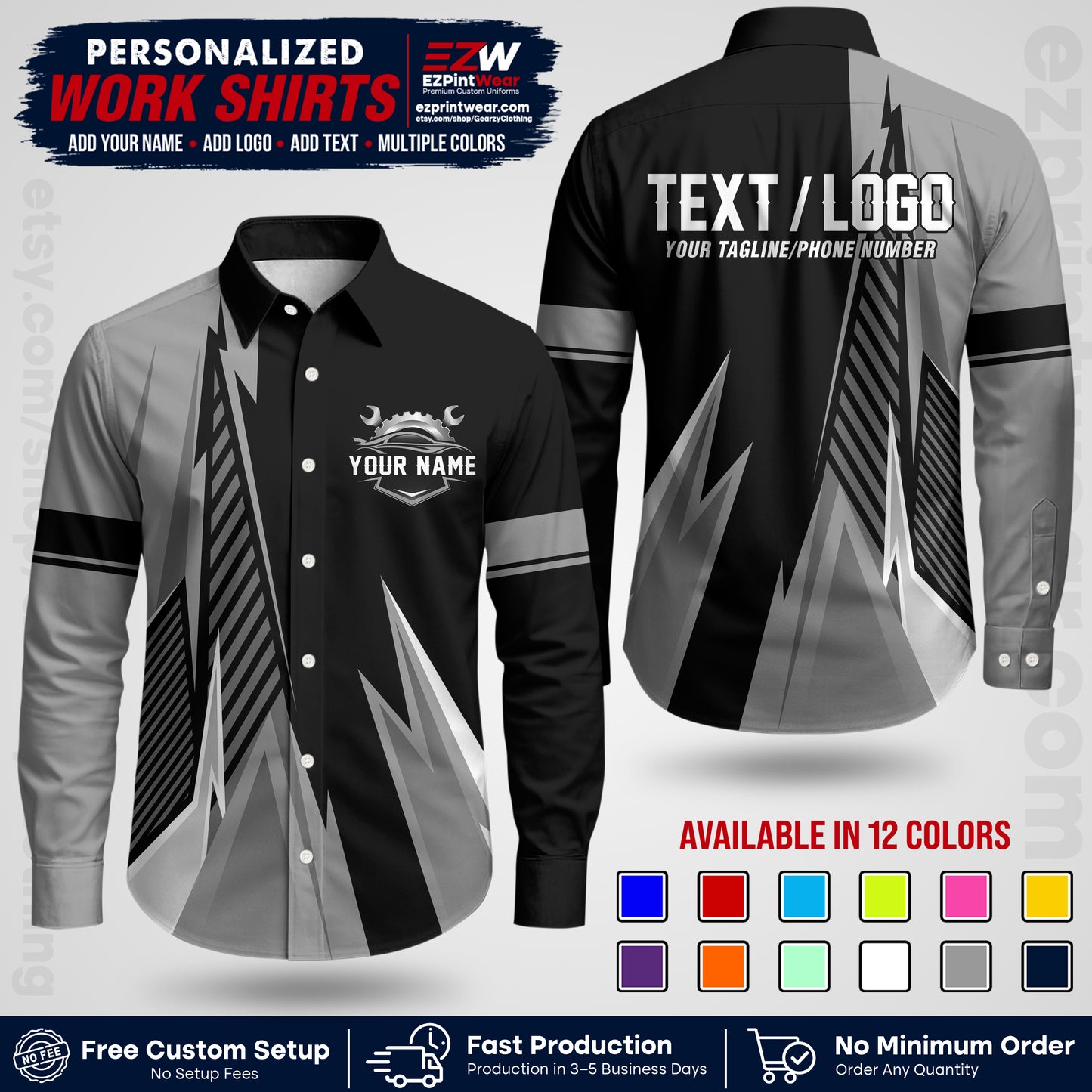 Custom Mechanic Work Shirt with Name, Logo & Text | Auto Shop Uniform | Workwear MCN 01