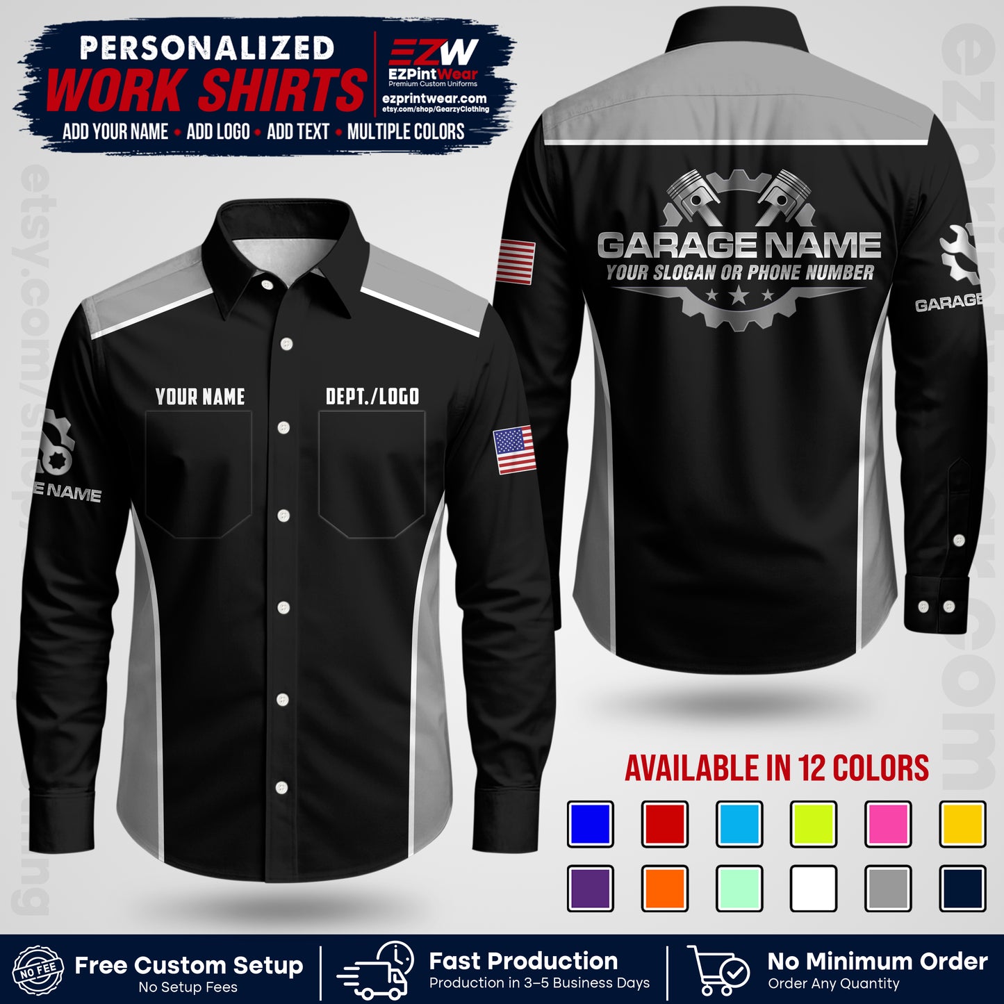 Custom Mechanic Work Shirt with Name, Logo & Text | Auto Shop Uniform | Workwear MCN 07