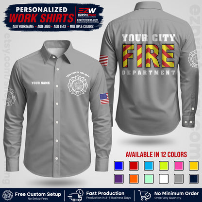 Custom Fire Department Shirt with Name, City Logo & Text | Firefighter Uniform | Button Up Work Shirt FF05