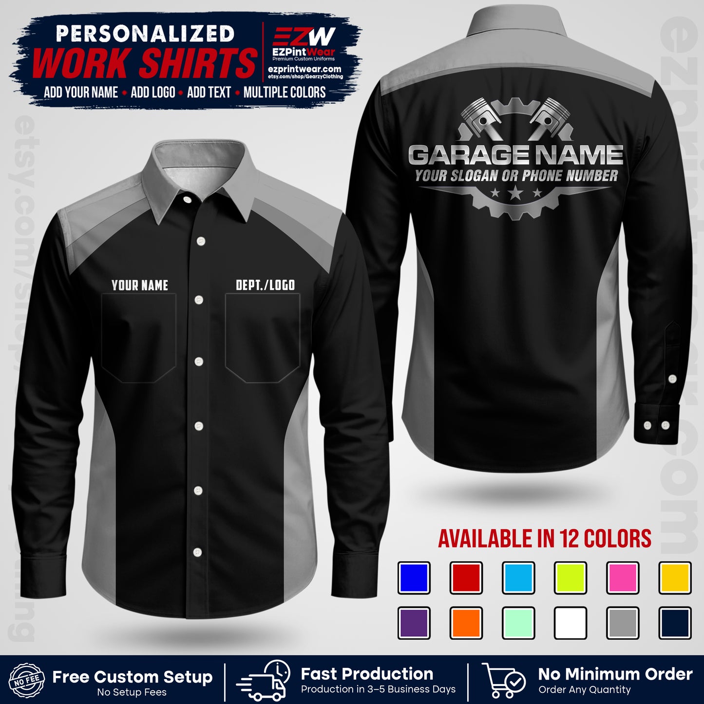 Custom Mechanic Work Shirt with Name, Logo & Text | Auto Shop Uniform | Workwear MCN 06