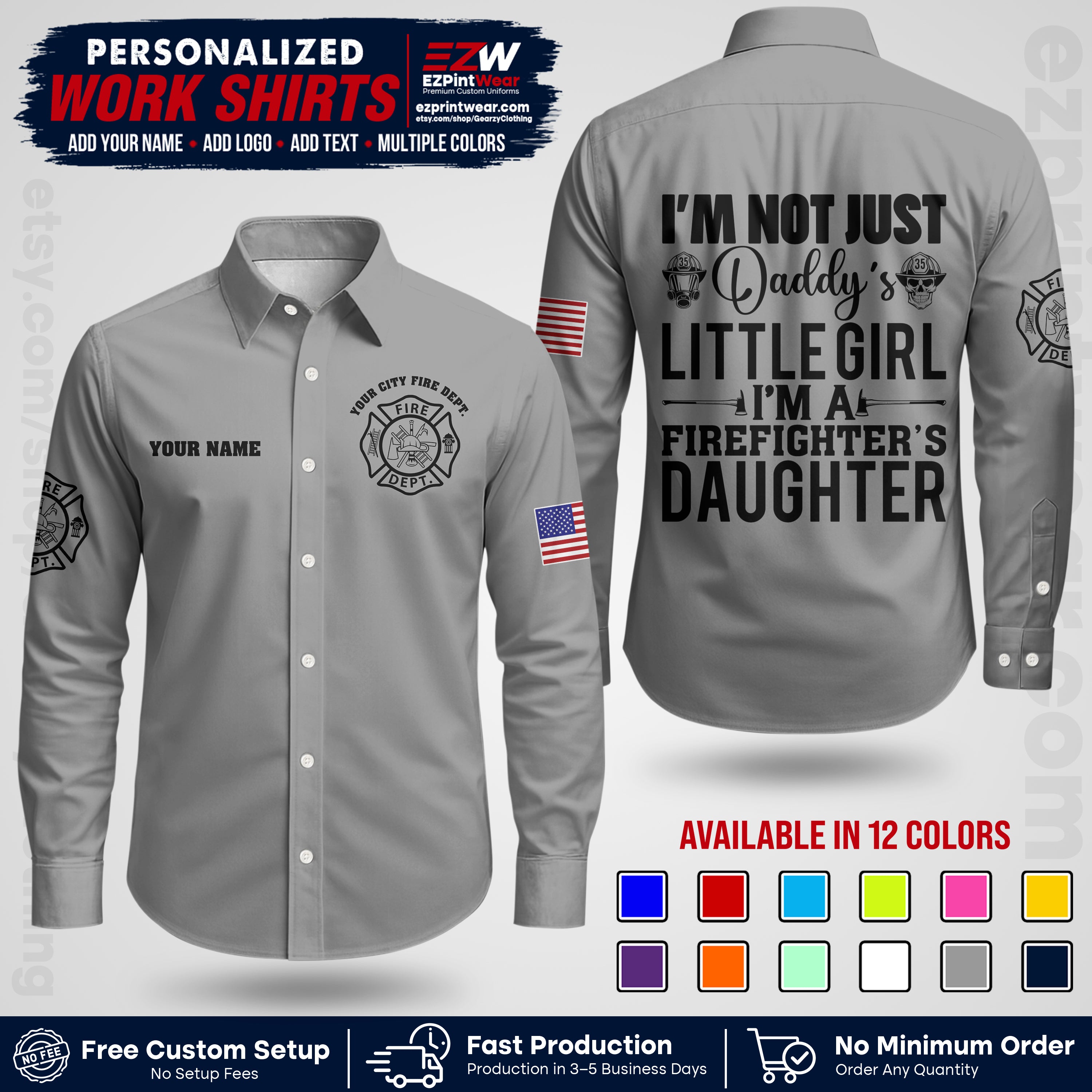 Custom Fire Department Shirt with Name, City Logo & Text | Firefighter Uniform | Button Up Work Shirt FF08