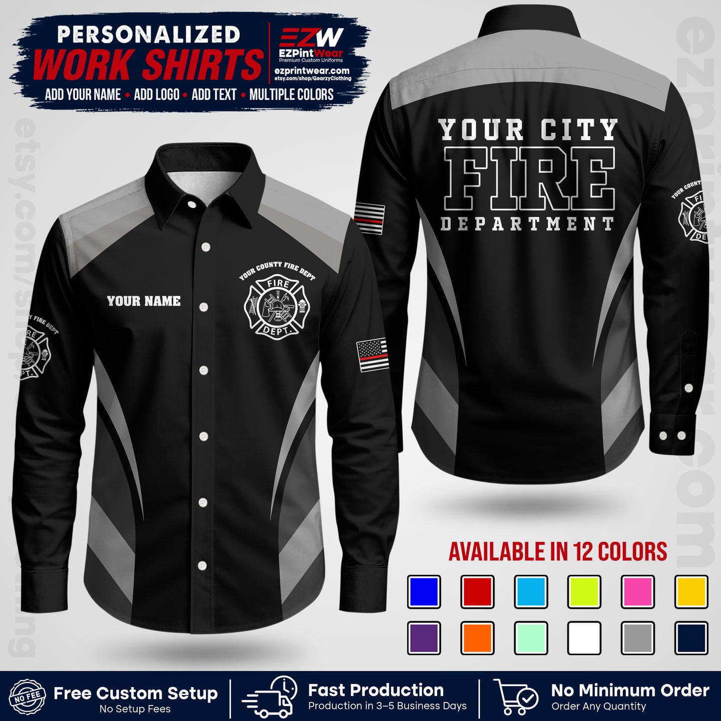 Custom Fire Department Shirt with Name, City Logo & Text | Firefighter Uniform | Button Up Work Shirt FF02