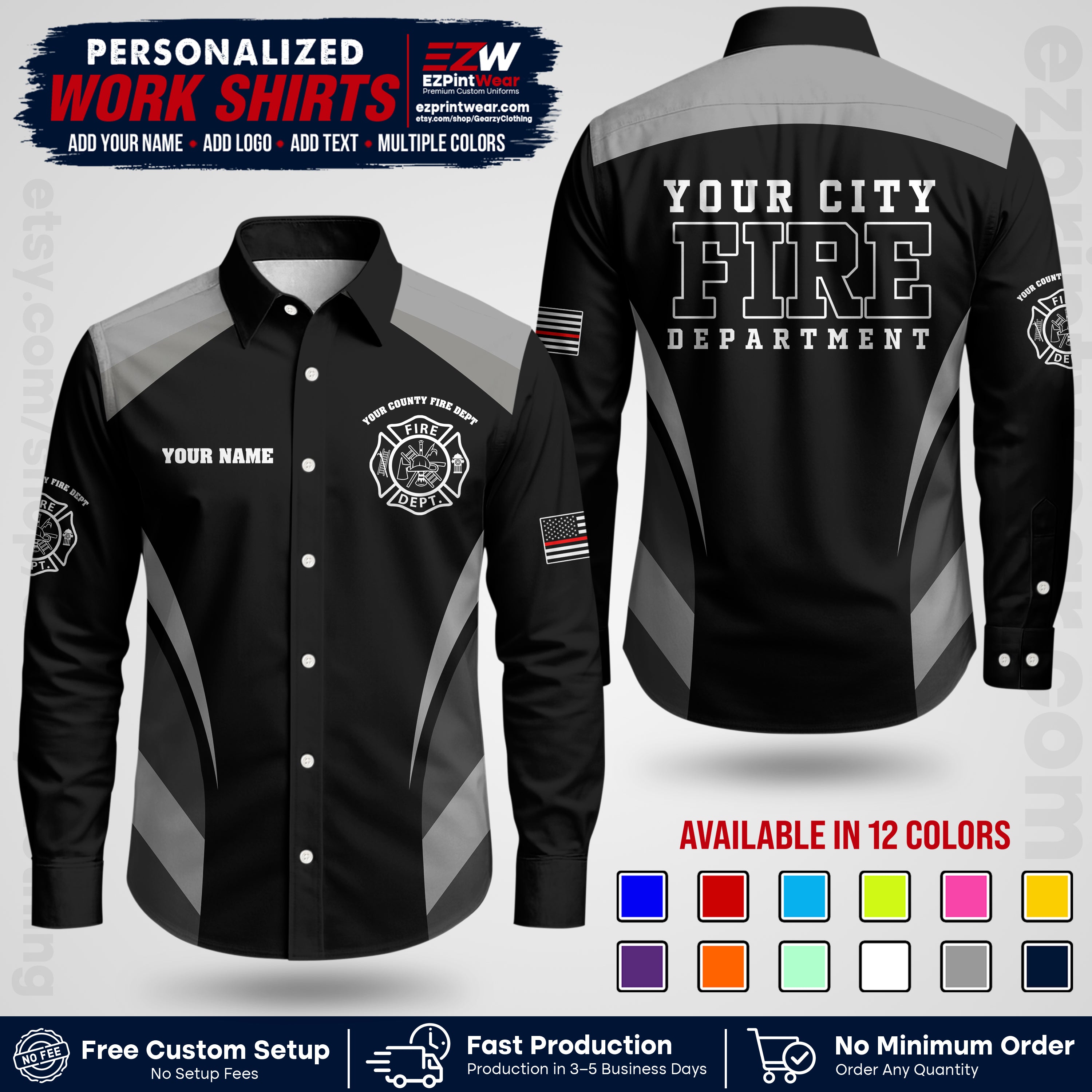 Custom Fire Department Shirt with Name, City Logo & Text | Firefighter Uniform | Button Up Work Shirt FF02