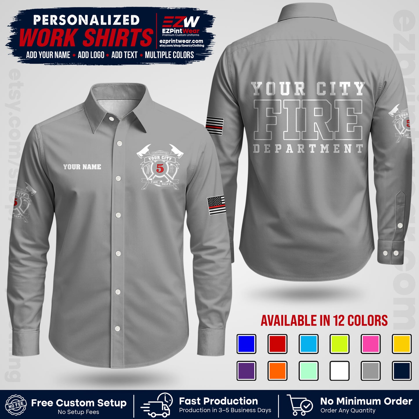 Custom Fire Department Shirt with Name, City Logo & Text | Firefighter Uniform | Button Up Work Shirt FF07