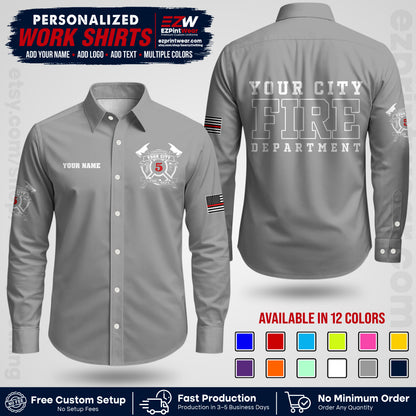 Custom Fire Department Shirt with Name, City Logo & Text | Firefighter Uniform | Button Up Work Shirt FF07