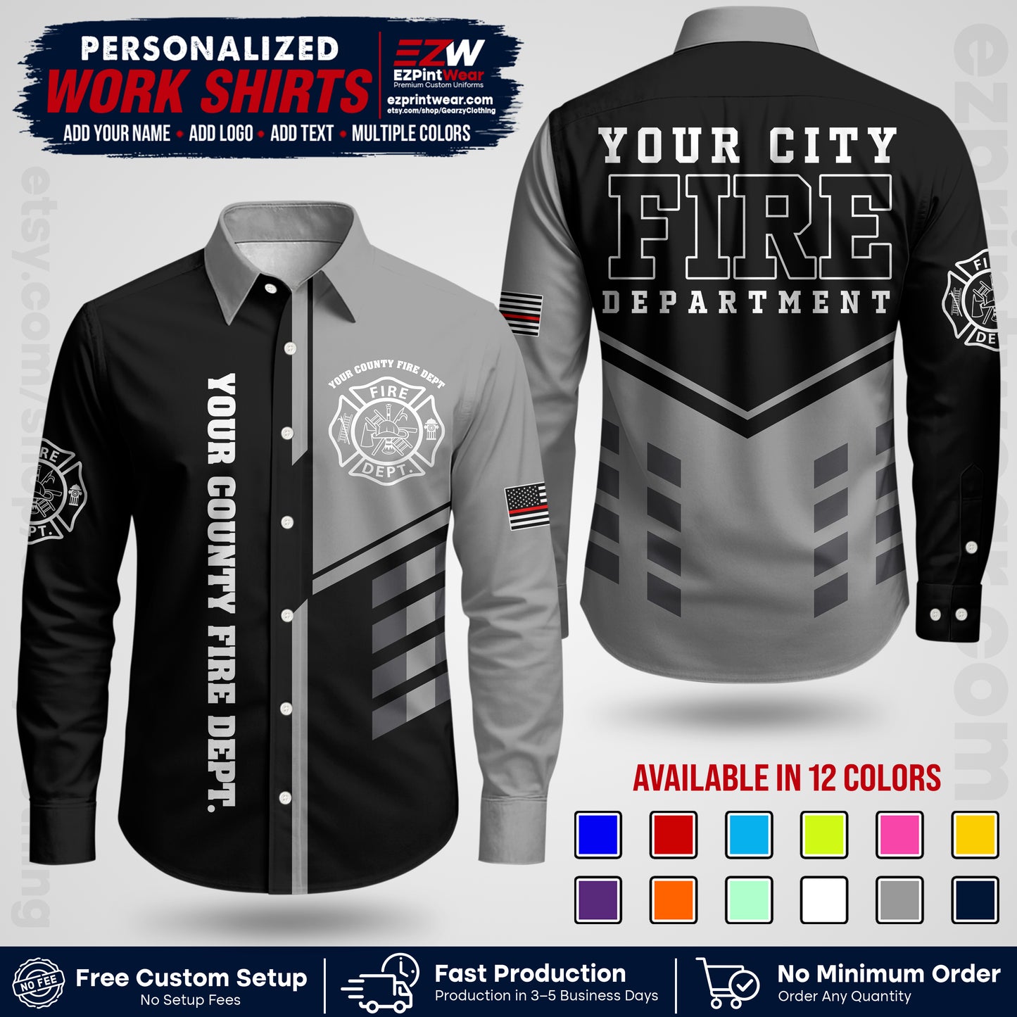 Custom Fire Department Shirt with Name, City Logo & Text | Firefighter Uniform | Button Up Work Shirt FF03