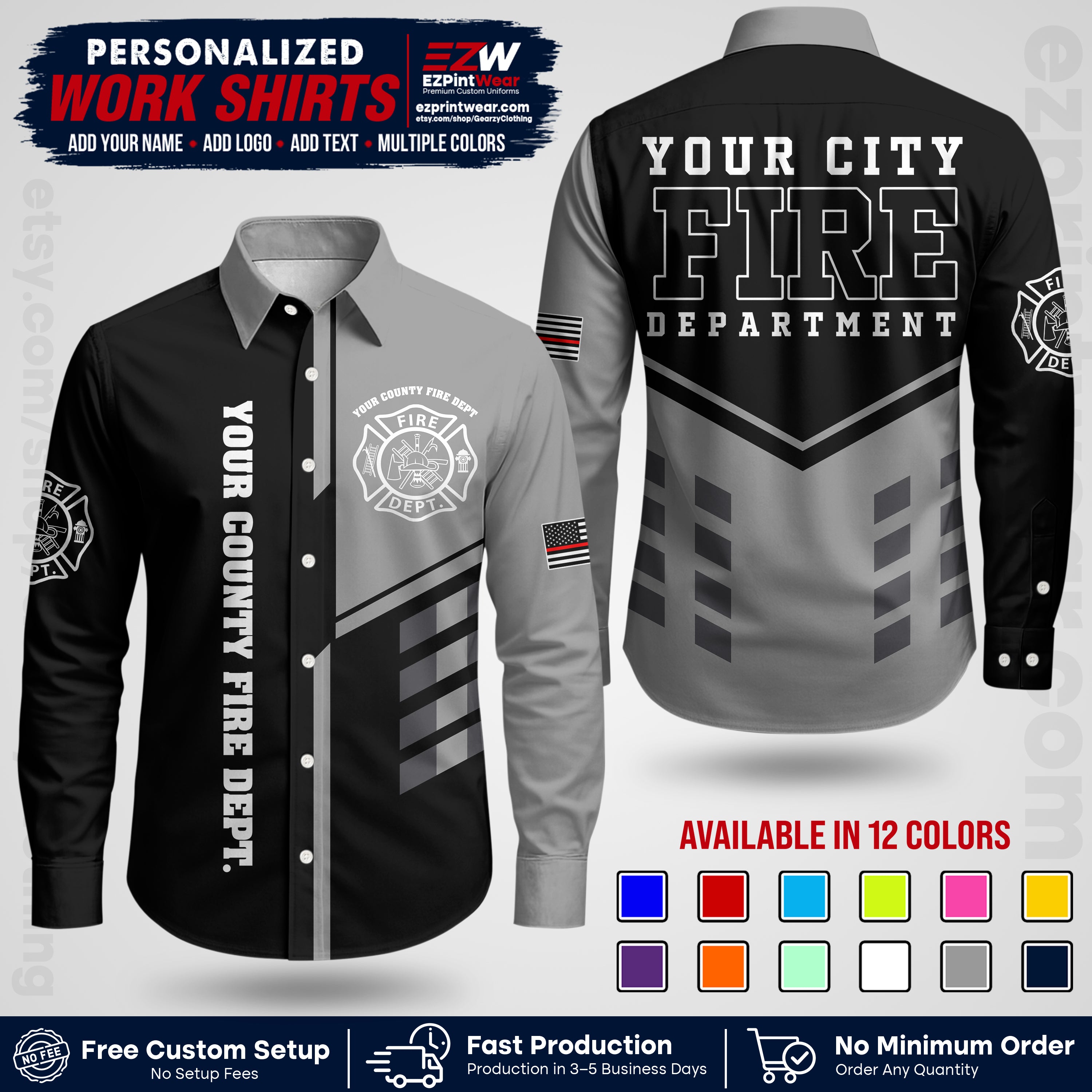 Custom Fire Department Shirt with Name, City Logo & Text | Firefighter Uniform | Button Up Work Shirt FF03