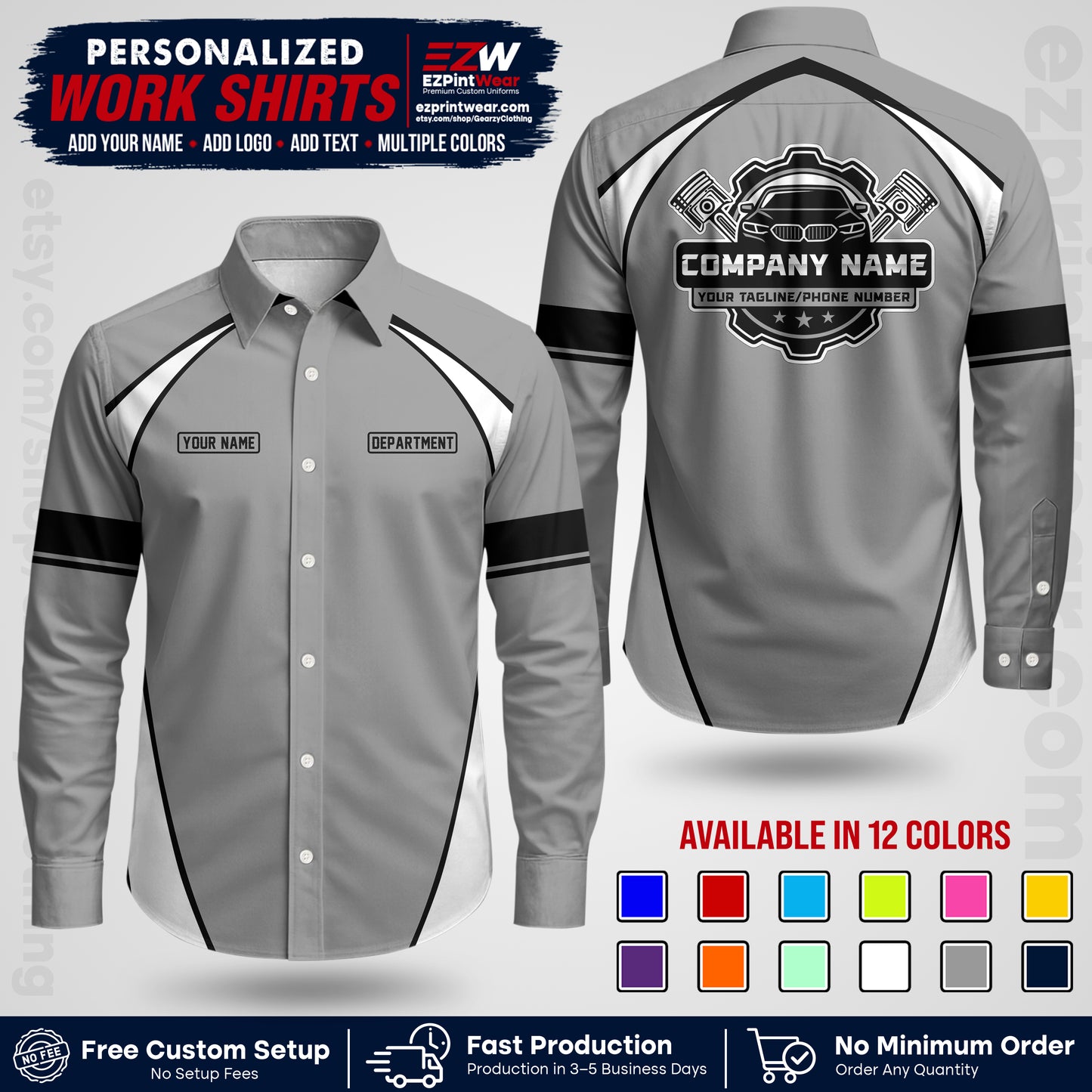 Custom Mechanic Work Shirt with Name, Logo & Text | Auto Shop Uniform | Workwear MCN 09