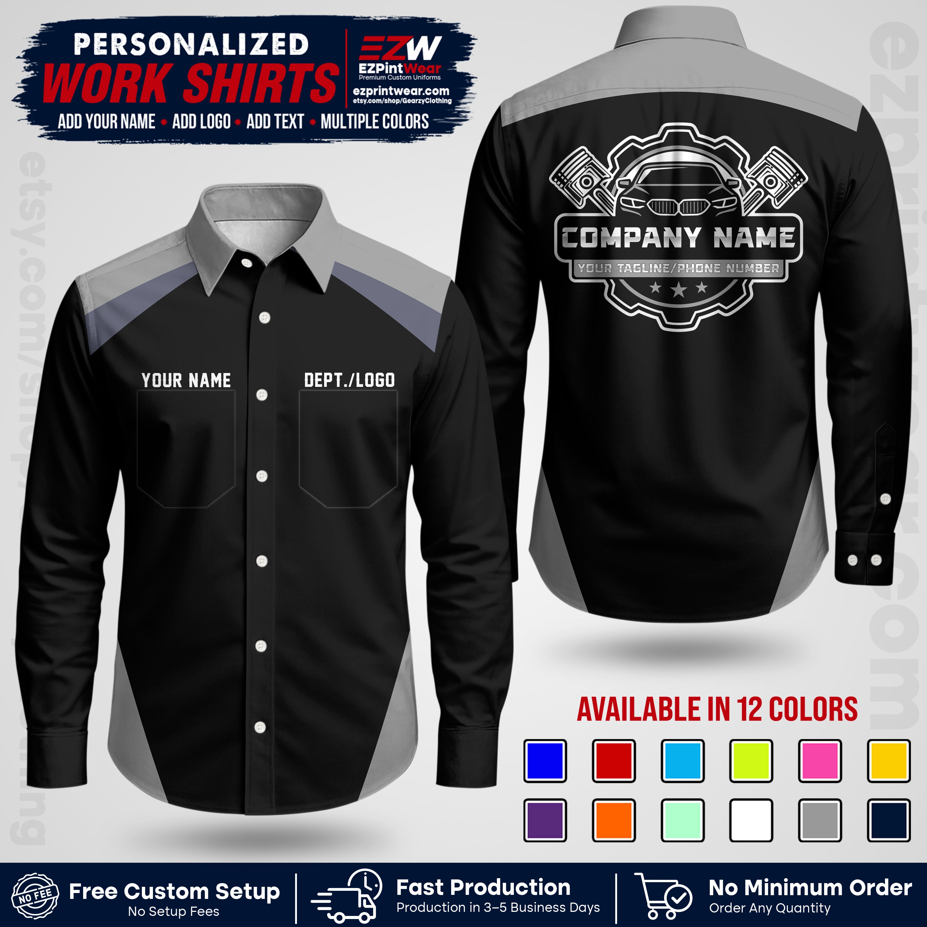 Custom Mechanic Work Shirt with Name, Logo & Text | Auto Shop Uniform | Workwear MCN 03