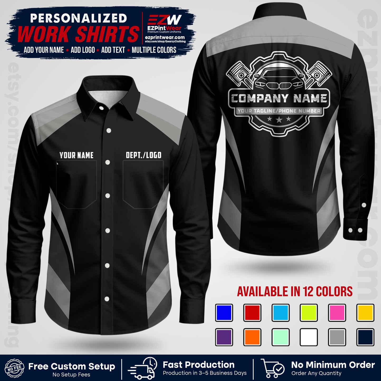 Custom Mechanic Work Shirt with Name, Logo & Text | Auto Shop Uniform | Workwear MCN 05