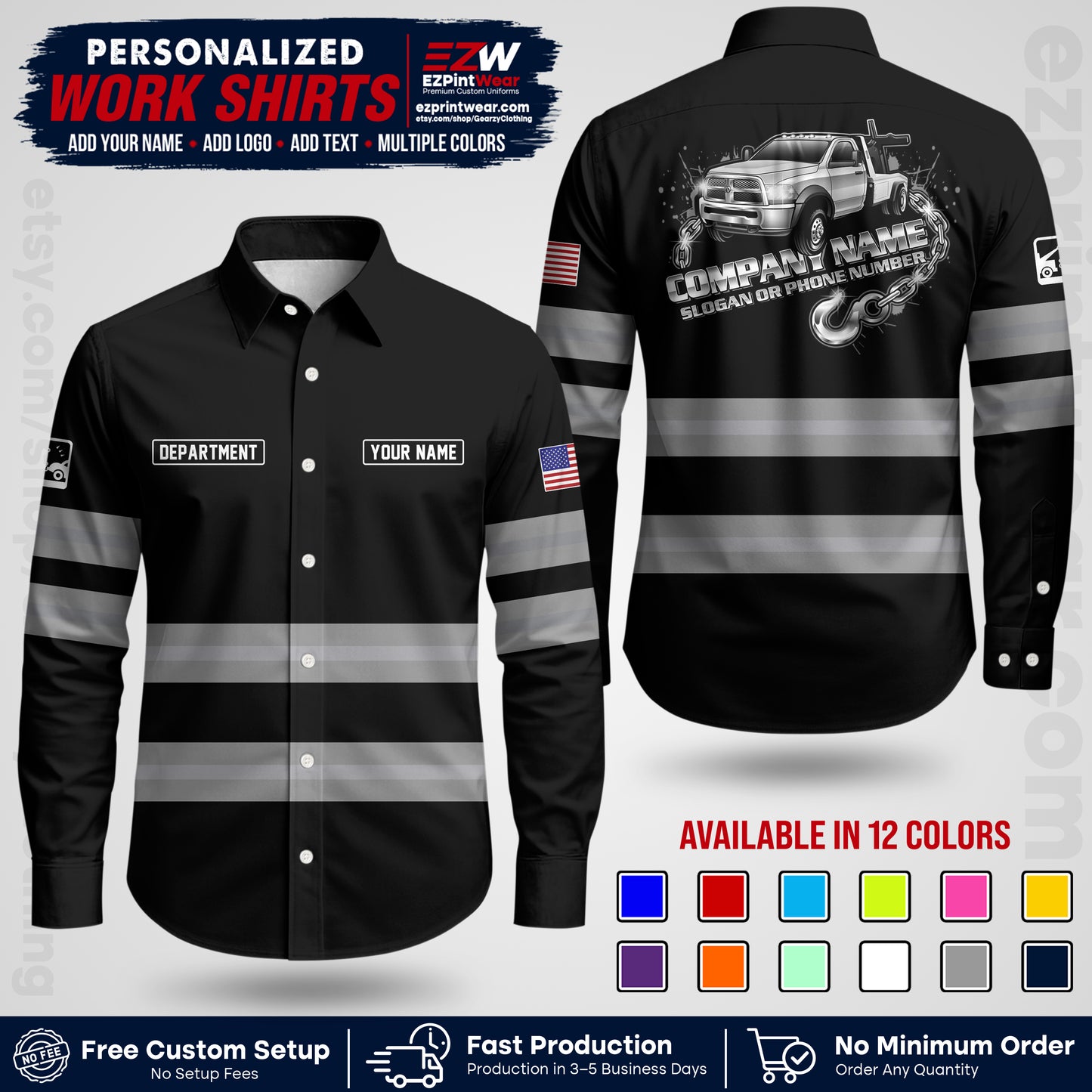 Custom Towing Workwear Uniform | Personalized Tow Truck Shirt | Non-Reflective Safety Stripe Apparel | Custom Towing Shirt | Tow Truck Apparel TW05