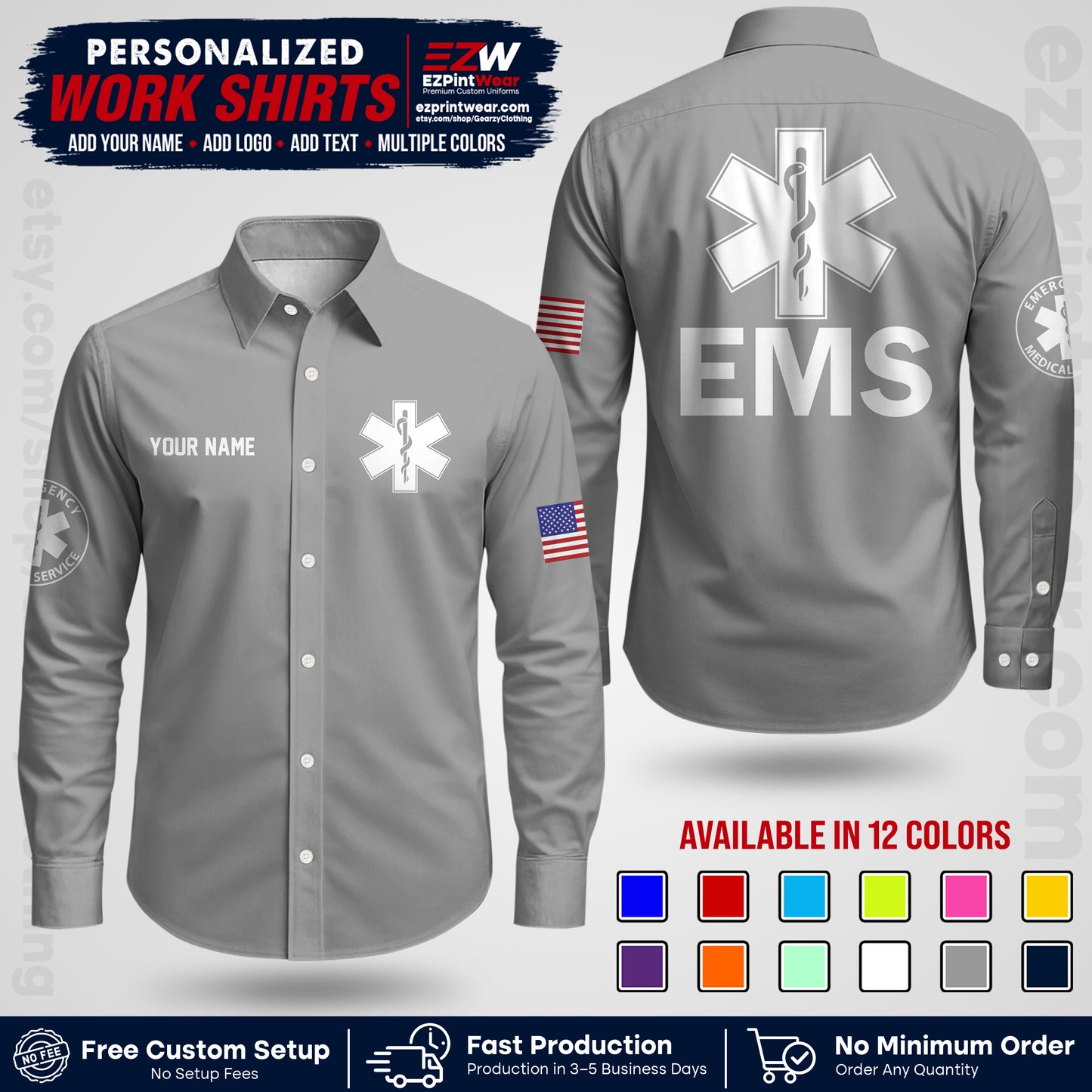 Custom EMS Shirt with Name, Logo & Text | EMS Team Uniform | First Responder Workwear EMSU02