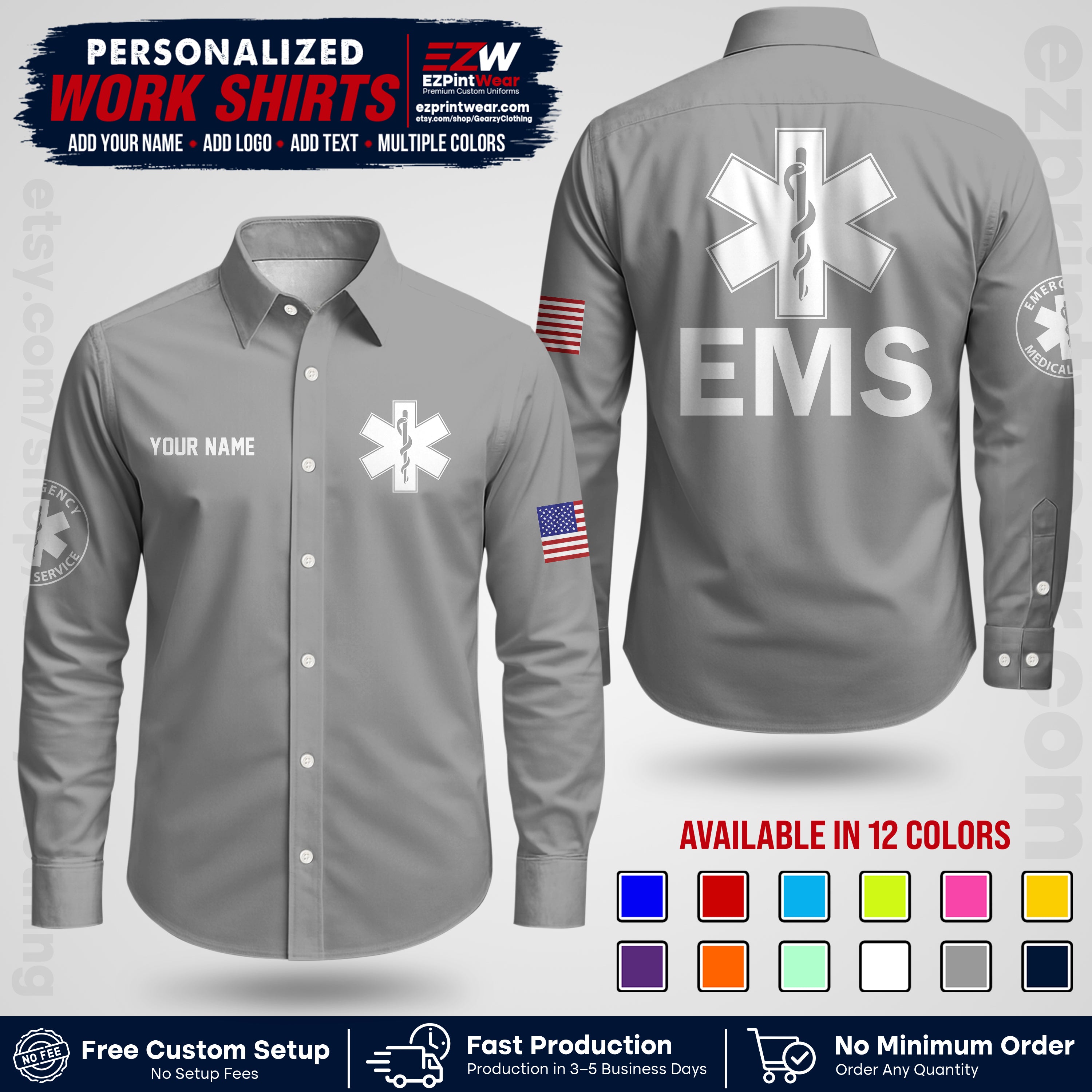 Custom EMS Shirt with Name, Logo & Text | EMS Team Uniform | First Responder Workwear EMSU02