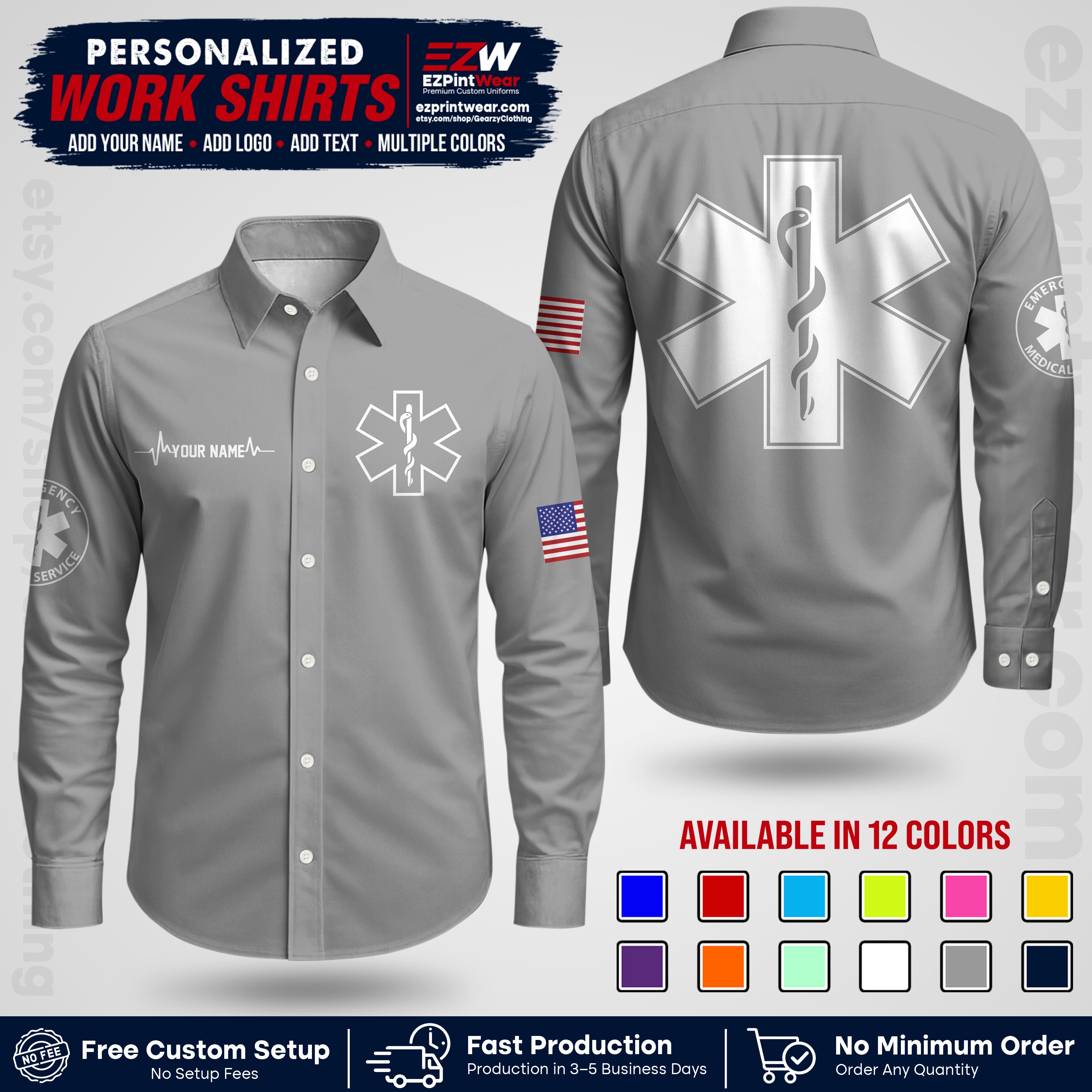 Custom EMS Shirt with Name, Logo & Text | EMS Team Uniform | First Responder Workwear EMSU04